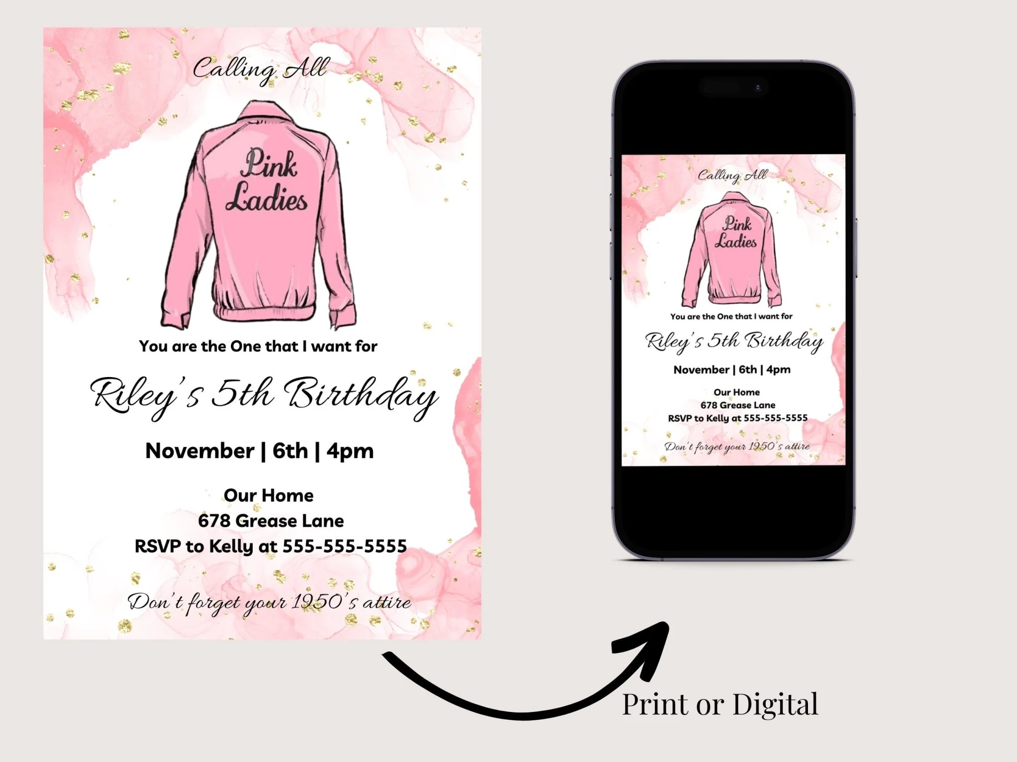 Grease Birthday Invitation, Pink Ladies Invitation, Children's 1950's birthday invitation