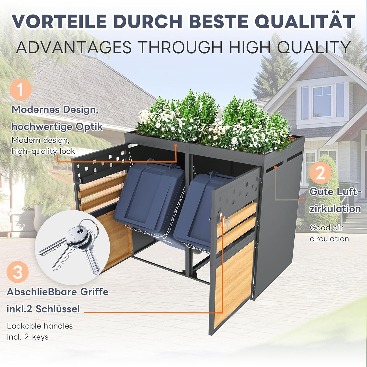 Mülltonnenbox 4er, Mülltonnenverkleidung mit Pflanzdach für Mülleimer 120-240 Liter, Abschließbar Türen, Rostfrei Verzinkter Stahl Garten Müllbox Aufbewahrungsbox, Anthrazit, 264 x 80 x 125cm