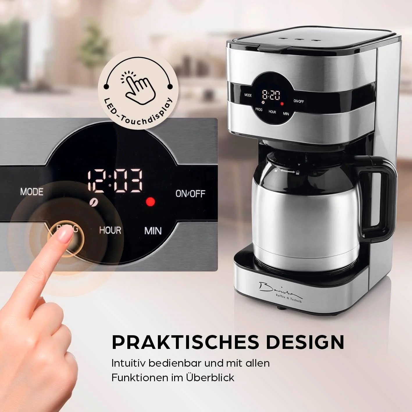 Barista filterkoffiezetapparaat met verstelbare molen & thermoskan | Warmhoudfunctie, 24-uurs timer & permanent filter | Voor 10 koppen koffie | Koffiezetapparaat voor bonen & poeder [roestvrij staal]