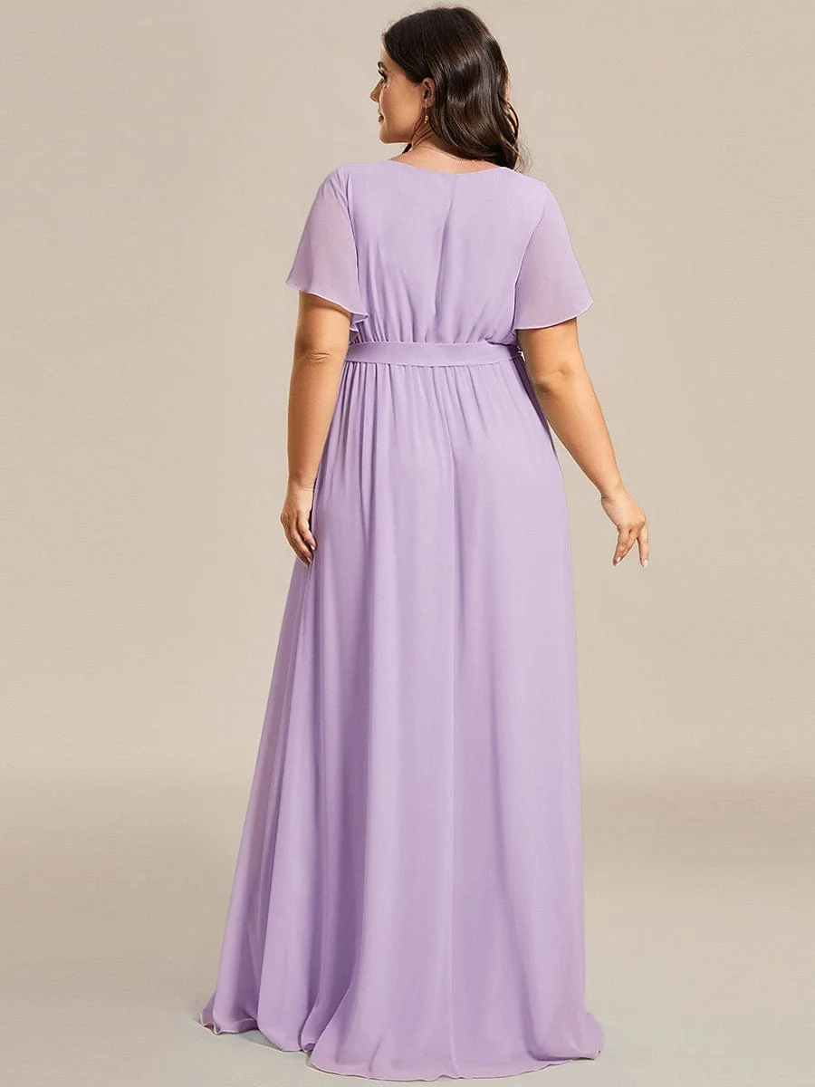 Abendkleid Damen Maxi A-Linie aus Chiffon | Festliches Kleid f��r Hochzeitsg?ste mit V-Ausschnitt und Fl��gel?rmeln