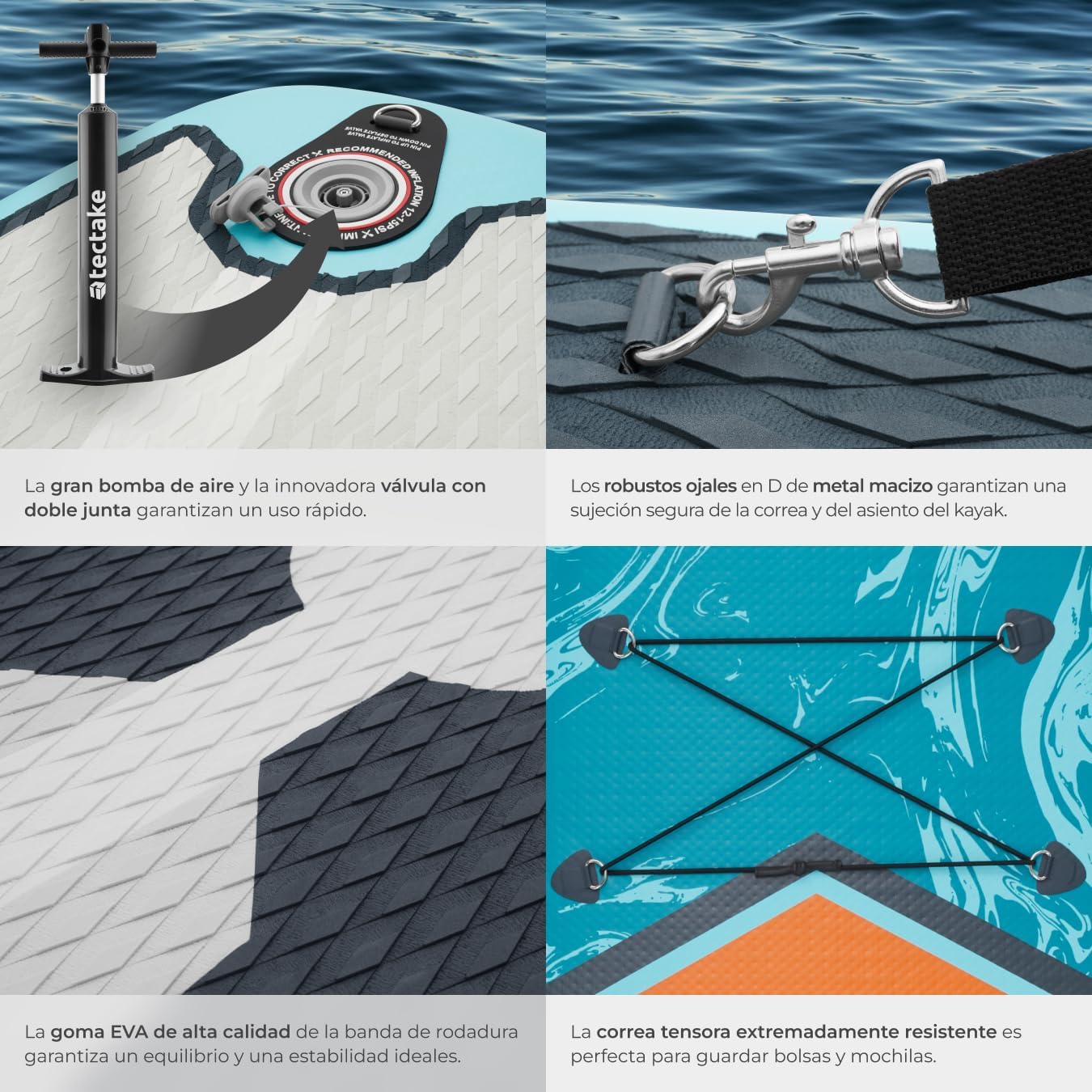 tectake® Tabla de Paddle Surf Hinchable, Incluye Remo 2 en 1, Asiento de Kayak, Bomba de Aire, Mochila de Transporte, Stand Up Paddle, Accesorios Paddle Surf, Tabla Hinchable