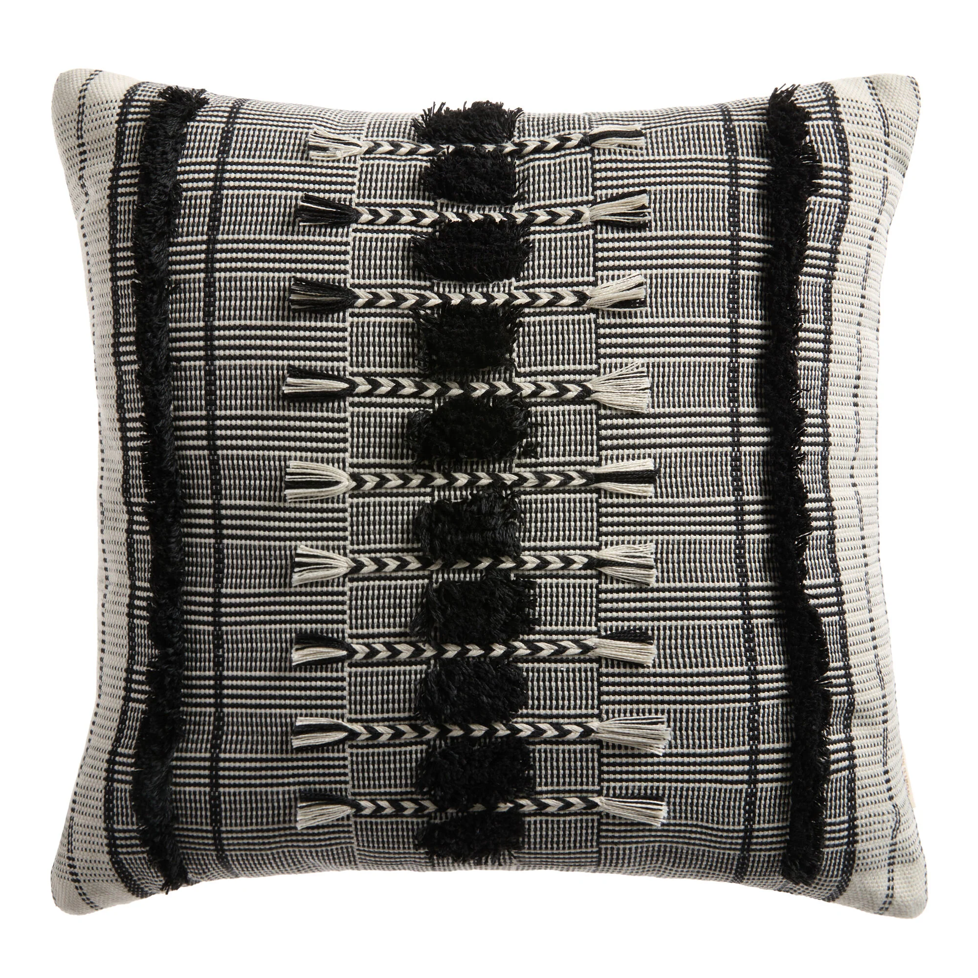 Black and Ivory Woven Tassel Indoor Outdoor Throw Pillow