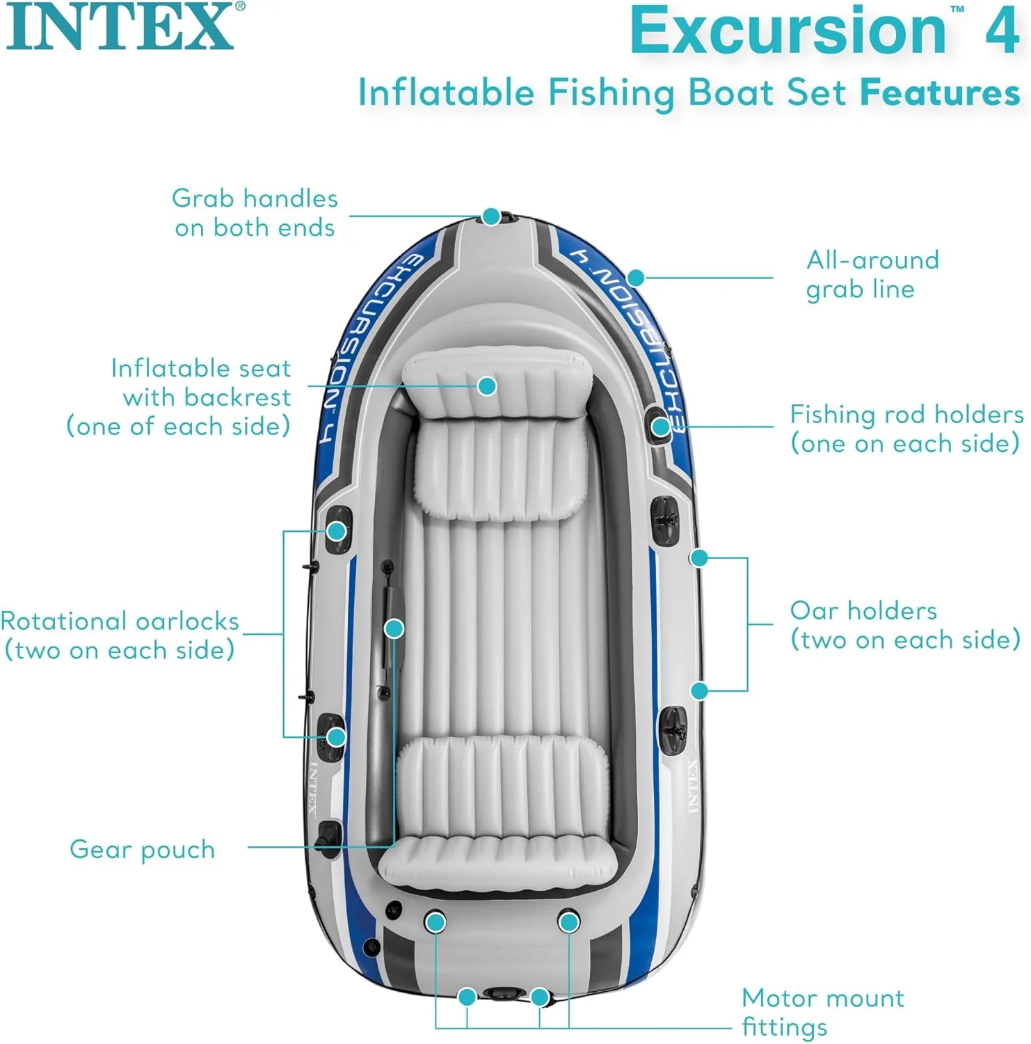 INTEX Excursion Inflatable Boat Series: Includes Deluxe 54in Boat Oars and High-Output Pump ?C SuperTough PVC ?C Adjustable Seats with Backrest ?C Fishing Rod Holders ?C Welded Oar Locks