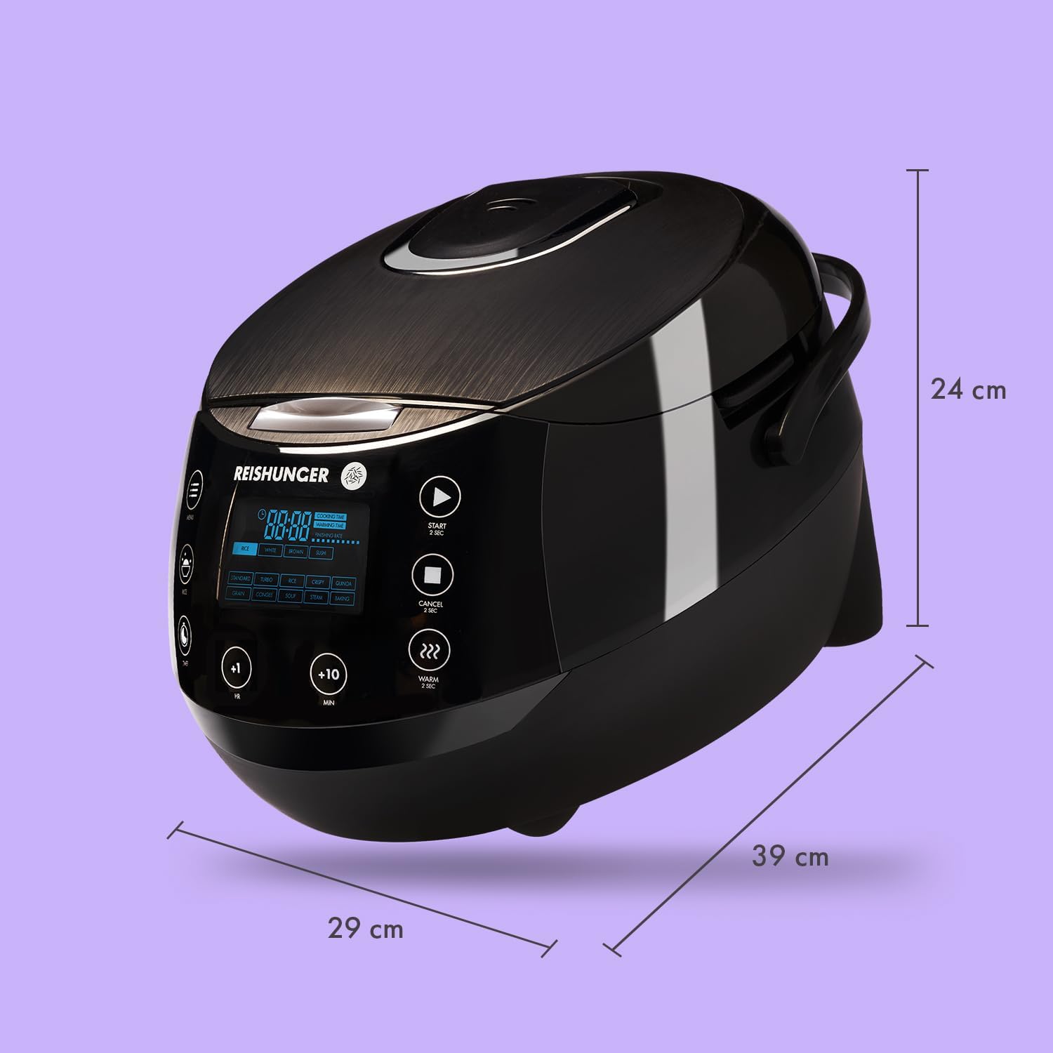 REISHUNGER Digitaler Reiskocher & Dampfgarer Schwarz | 1,5 L bis 8 Personen | Warmhaltefunktion, Timer & Premium Innentopf | Multikocher, 12 Programme, 7-Phasen-Technologie