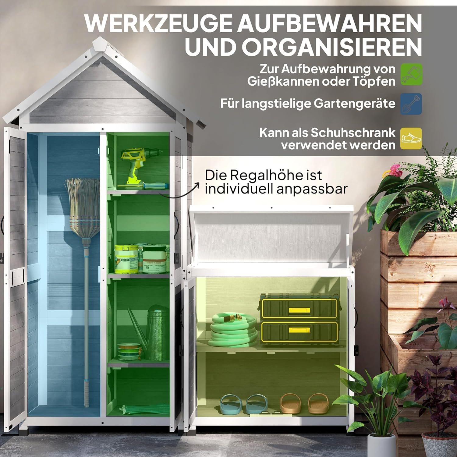 Outsunny 2 in 1 Gartenschrank Holz, Geräteschrank mit Satteldach Aufbewahrungsschrank Ablage 89x51x182cm, Gerätehaus mit Abschließbar Tür wetterfest Geräteschuppen für Terrasse, Garten, Hellgrau