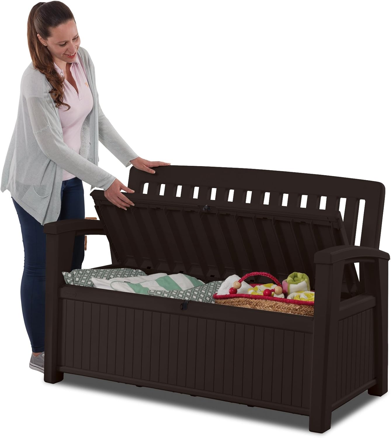 Keter Kissenbox, regenfest, Gartenkissenbox Patio Bank, Espresso braun, 138,6 x 63,5 x 88 cm, 227 L, Kissenbox wetterfest