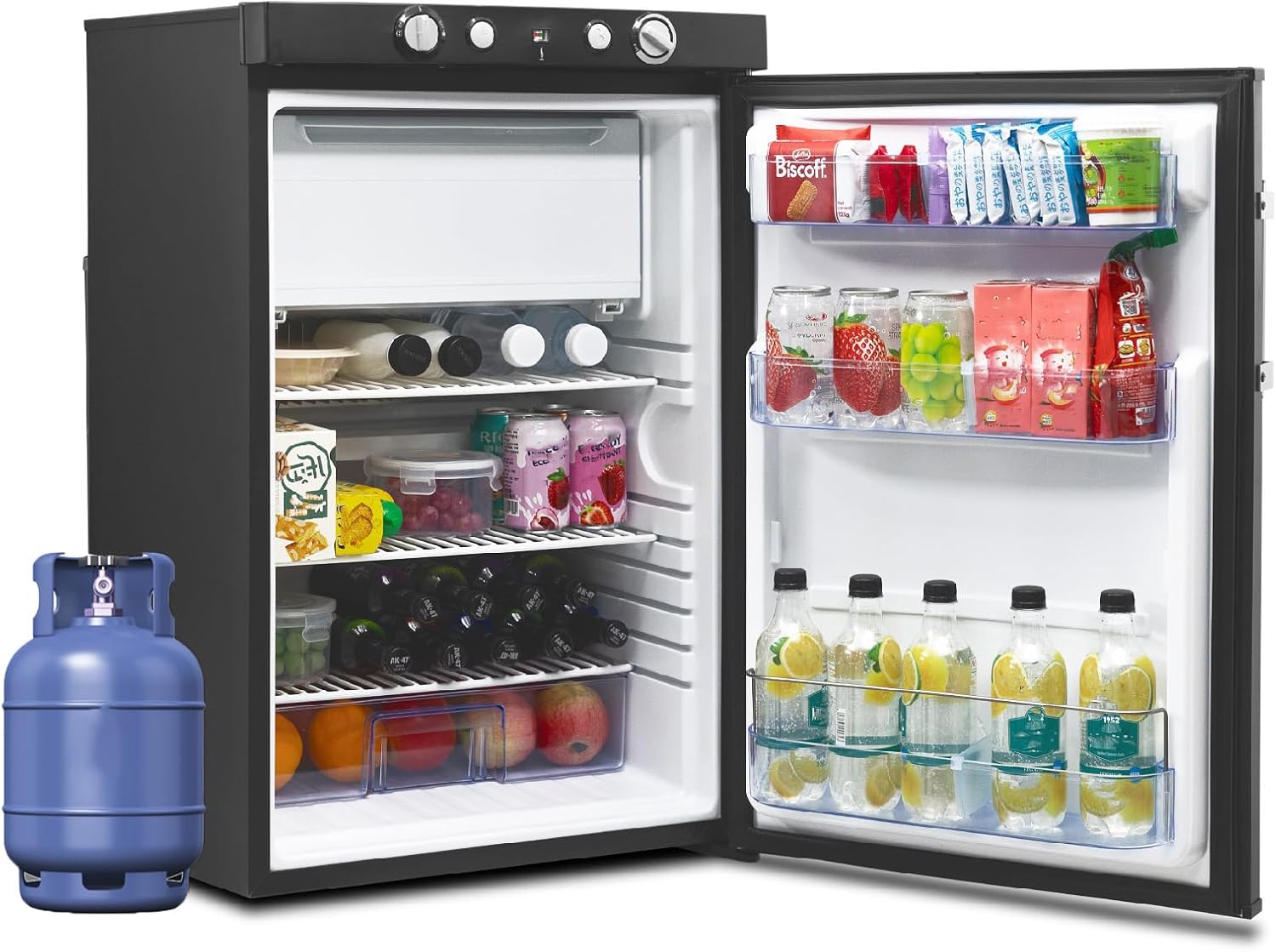 Smad Frigo Gaz, 100L, Frigo Trimixte 12V 220V Gaz, avec Congélateur, Réfrigérateur Camping gaz pour Camping Car, Caravane, Cabanon, Chalet, Noir