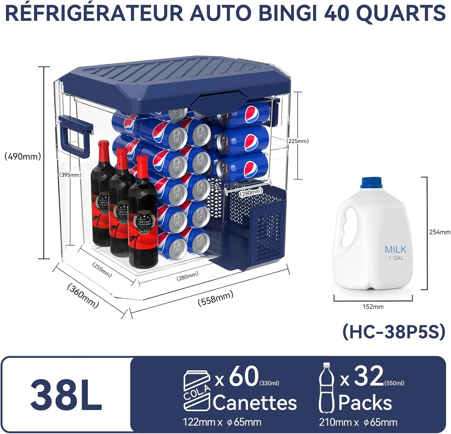 BINGI Glacière Electrique Voiture 38L à Compression avec Refroidissement Rapide - Réfrigérateur Portable Jusqu‘à -18°C, 12V/24V/220V, Pour Camping-Car, Van, Camion, Bateau, Voiture, Maison, Camping