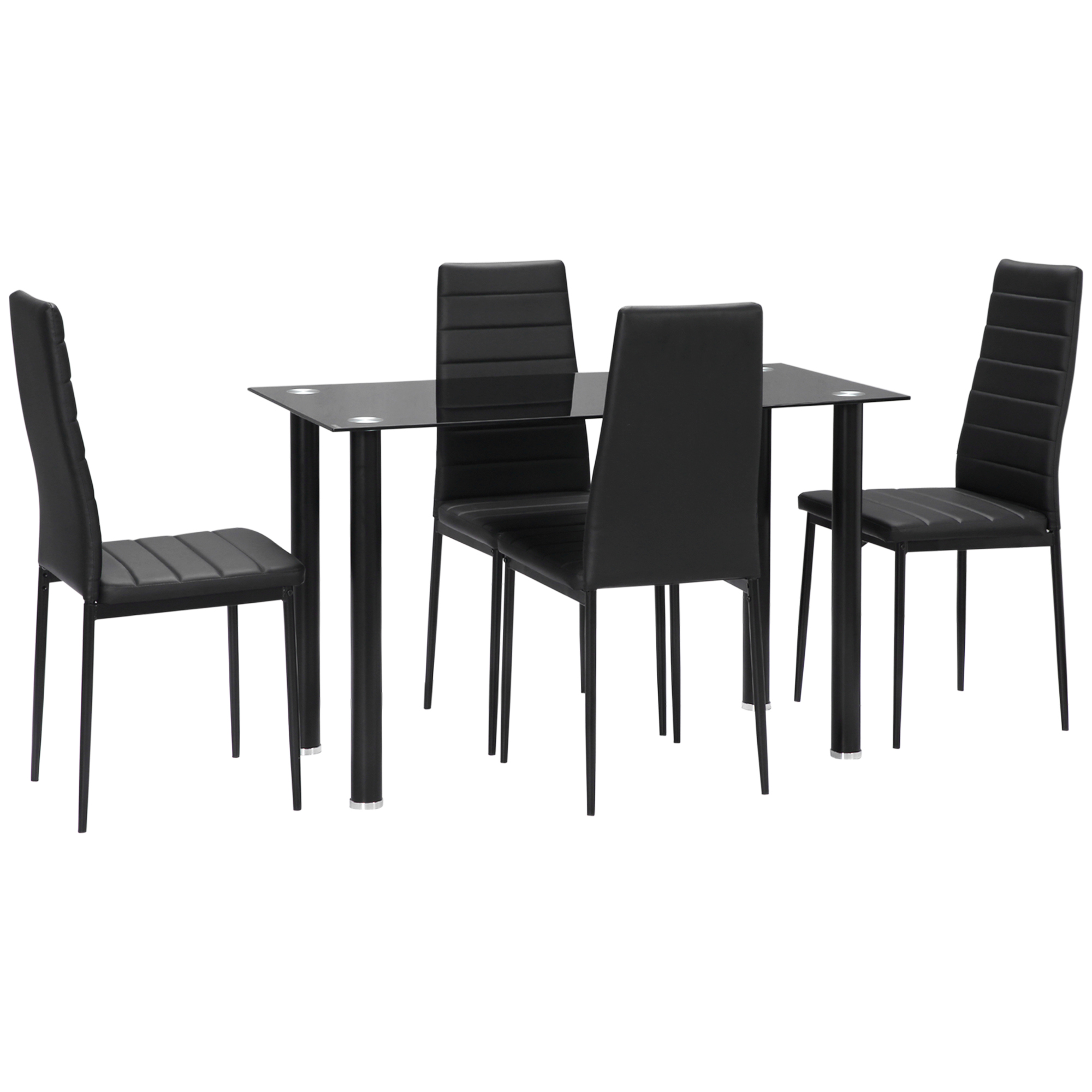 5-delige Eetkamerset Tafel en 4 Stoelen, Modern Design, Glazen Tafel, Zwart