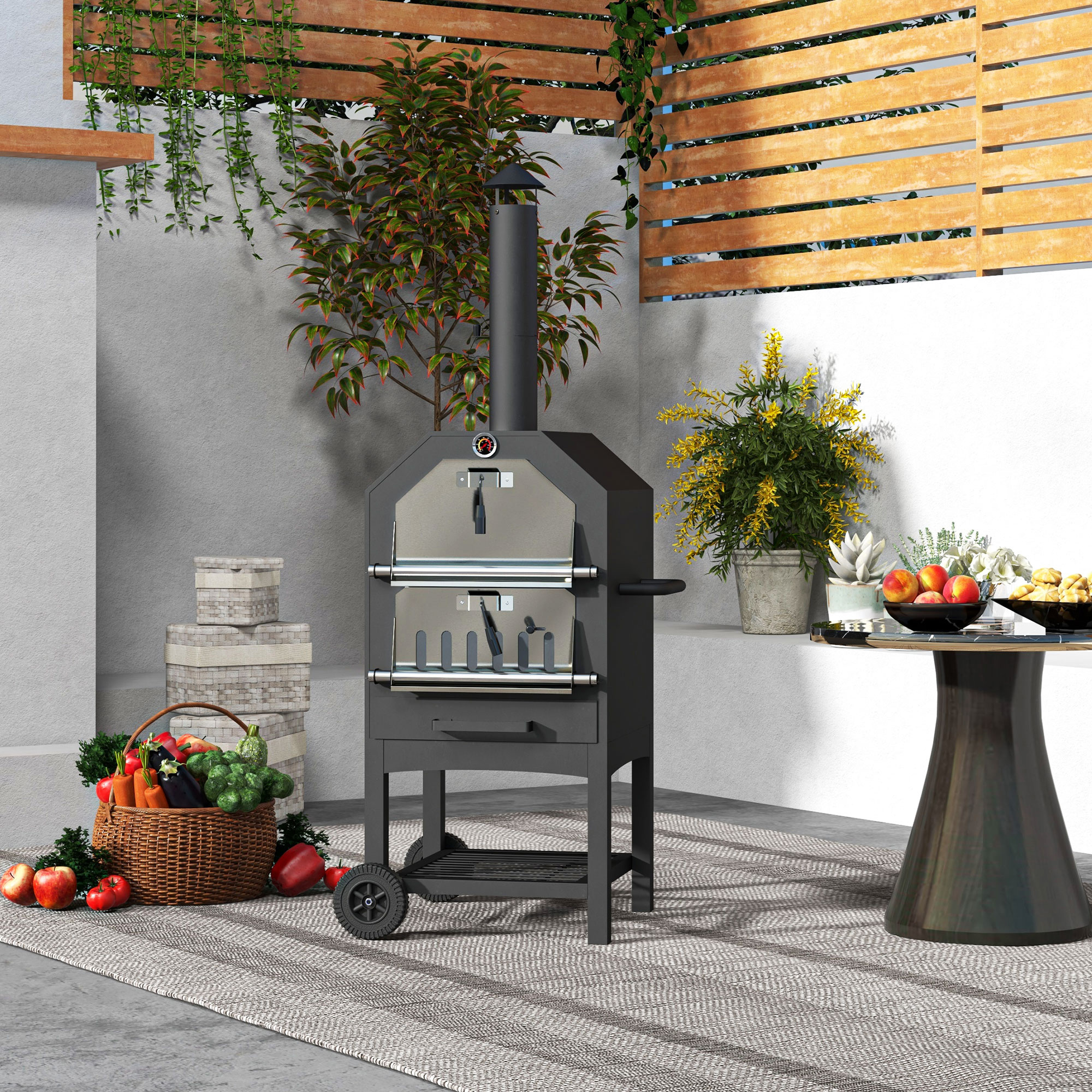 Outsunny 2-in-1 Buitenhoutoven voor Pizza, met Pizzasteen, Aslade, 2x Grillrooster, Thermometer, Roestvrij, Zwart