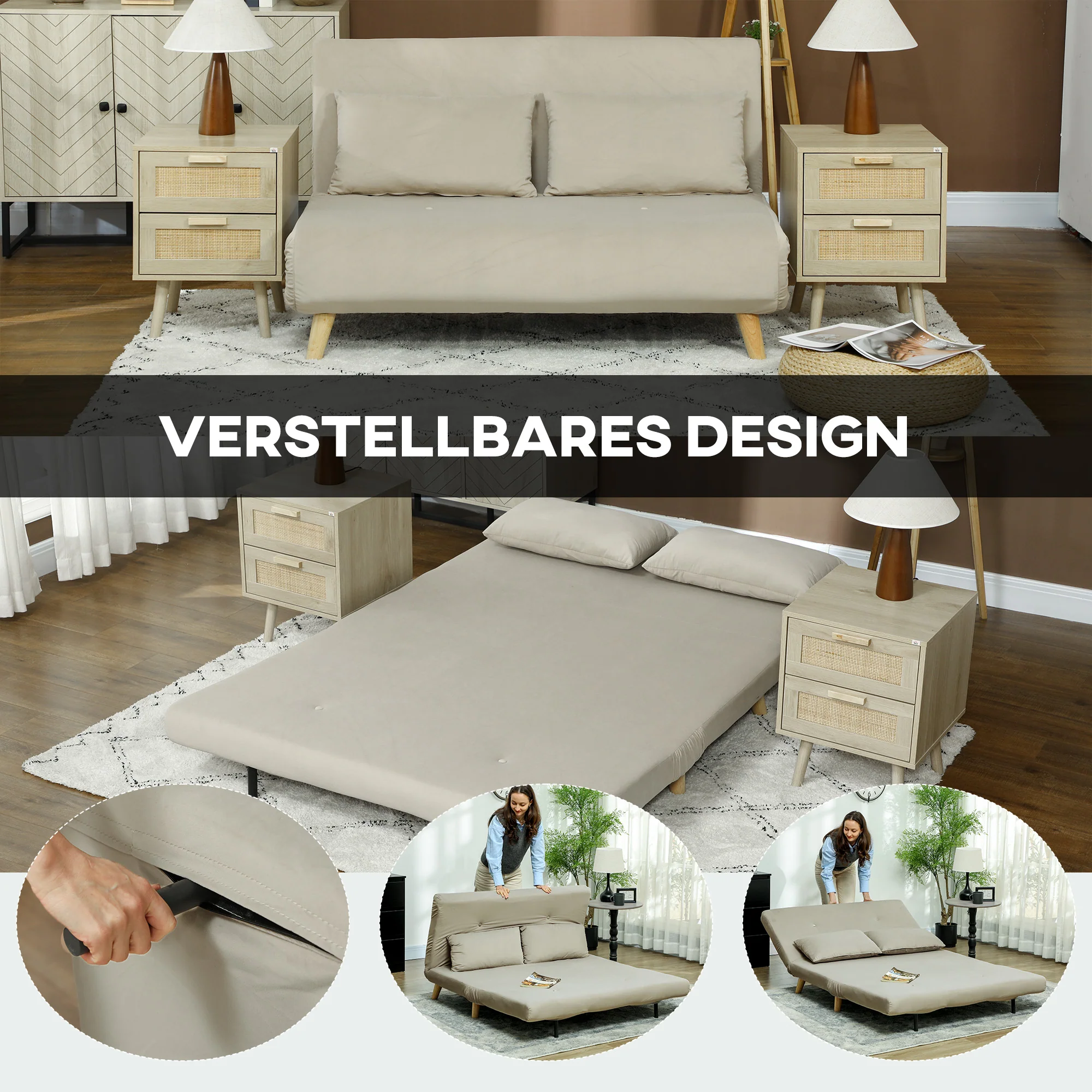 HOMCOM Slaapbank Relaxbank Sofa Couch, Incl. 2 Kussens, Fluweeloptiek, 130 x 78 x 79 cm, Beige