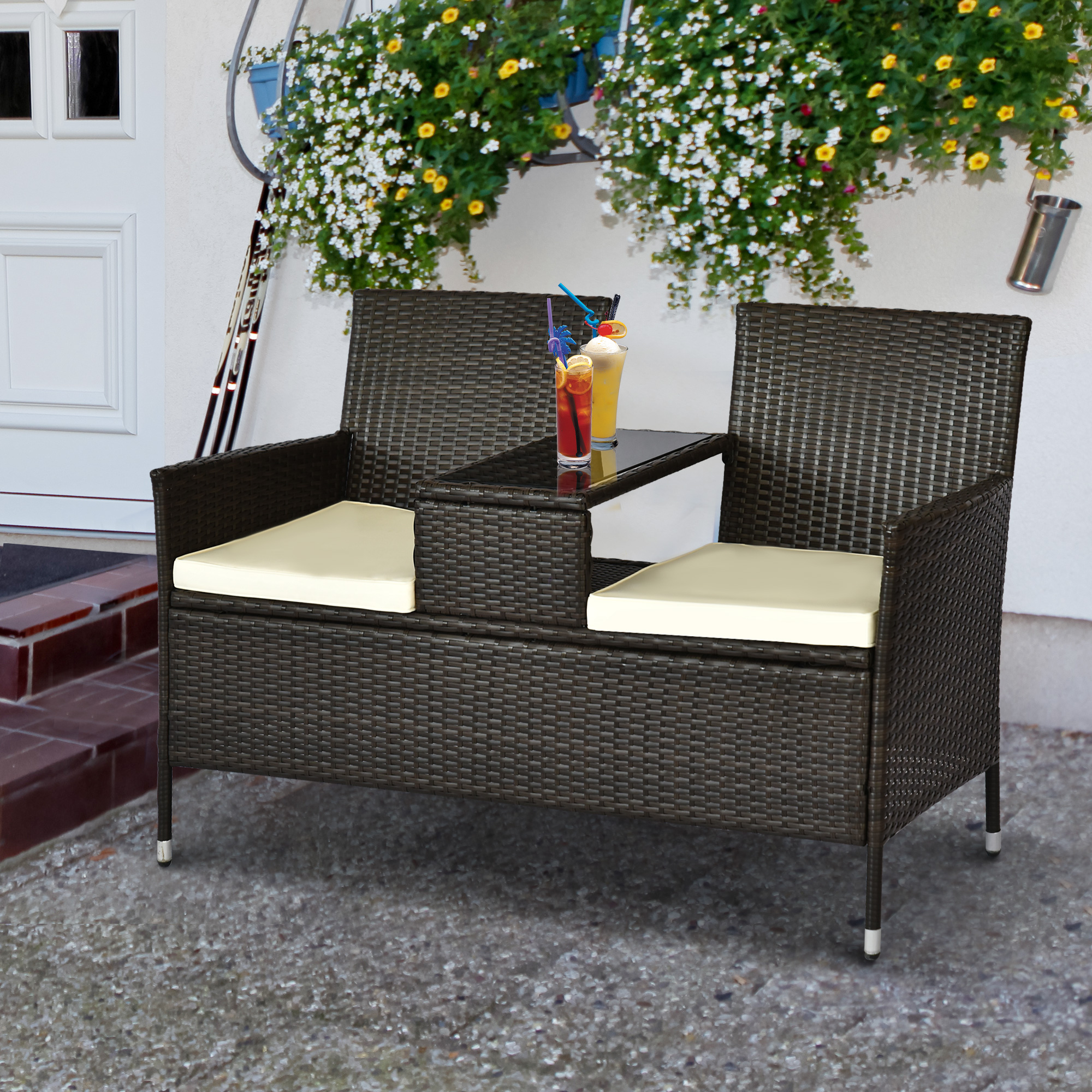 Poly-rotan tuinbank met tafel tuinbank bank 2-zits staal bruin