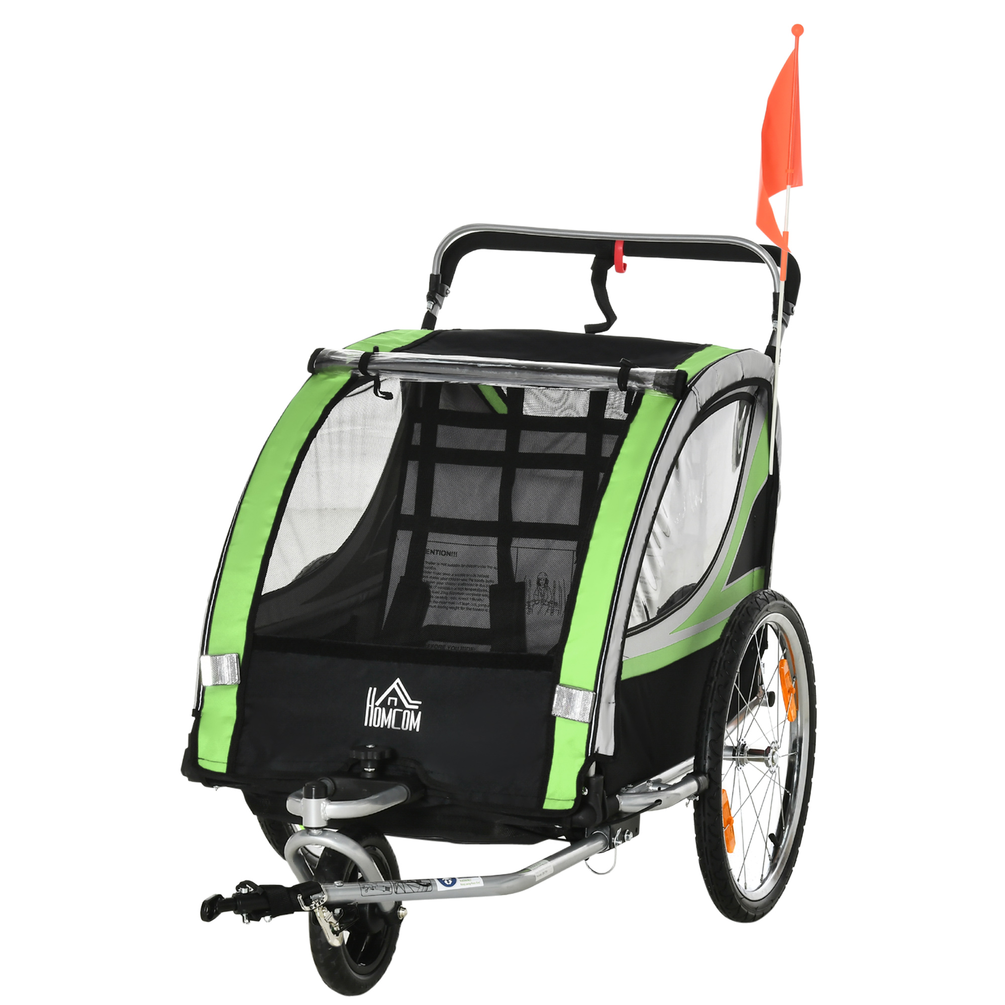 2-in-1 Fietskar voor 2 Kinderen, Duwfunctie, Regenbescherming, Rem, Groen