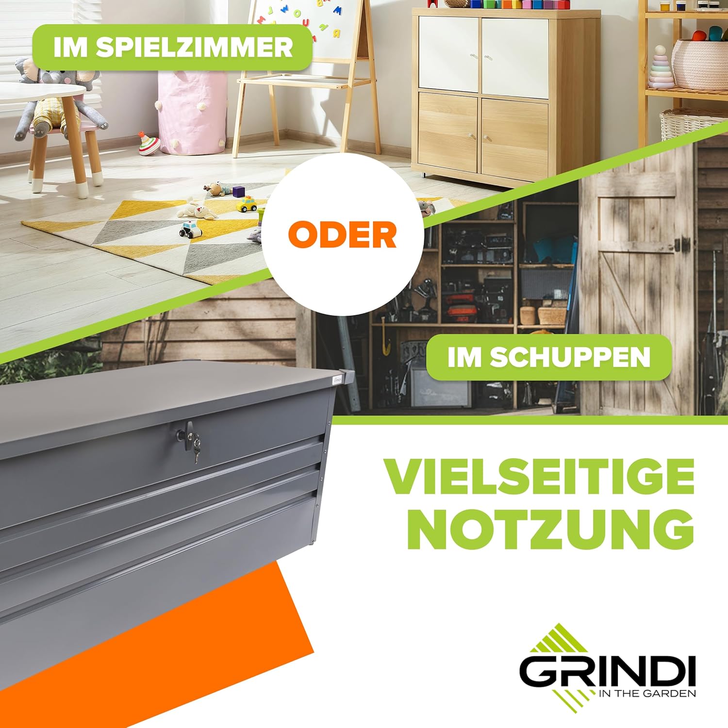 Grindi - Gartenbox Metall - Kissenbox - Auflagenbox - Orto II 600 L - Aufbewahrungsbox mit Deckel - Outdoor Schrank - Paketbox - Sitzbank mit Stauraum - Gartenhaus - Geräteschuppen - Truhe mit Deckel