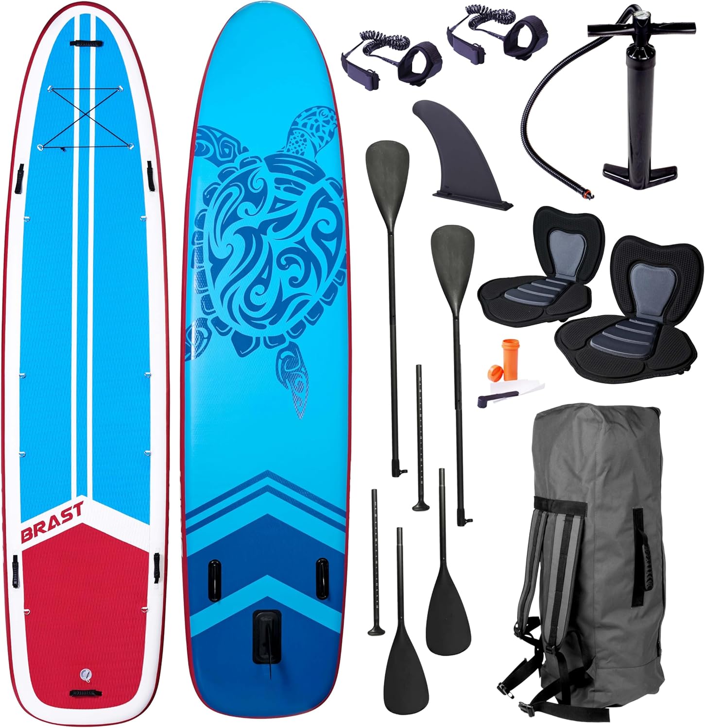 BRAST SUP Board Family | Aufblasbares Stand up Paddle Set XXL | 370x87x15cm bis 210kg | 7 Designs | inkl. Zubehör 2X Kajak-Sitz 2X Fußschlaufe 2X Paddel Pumpe Rucksack