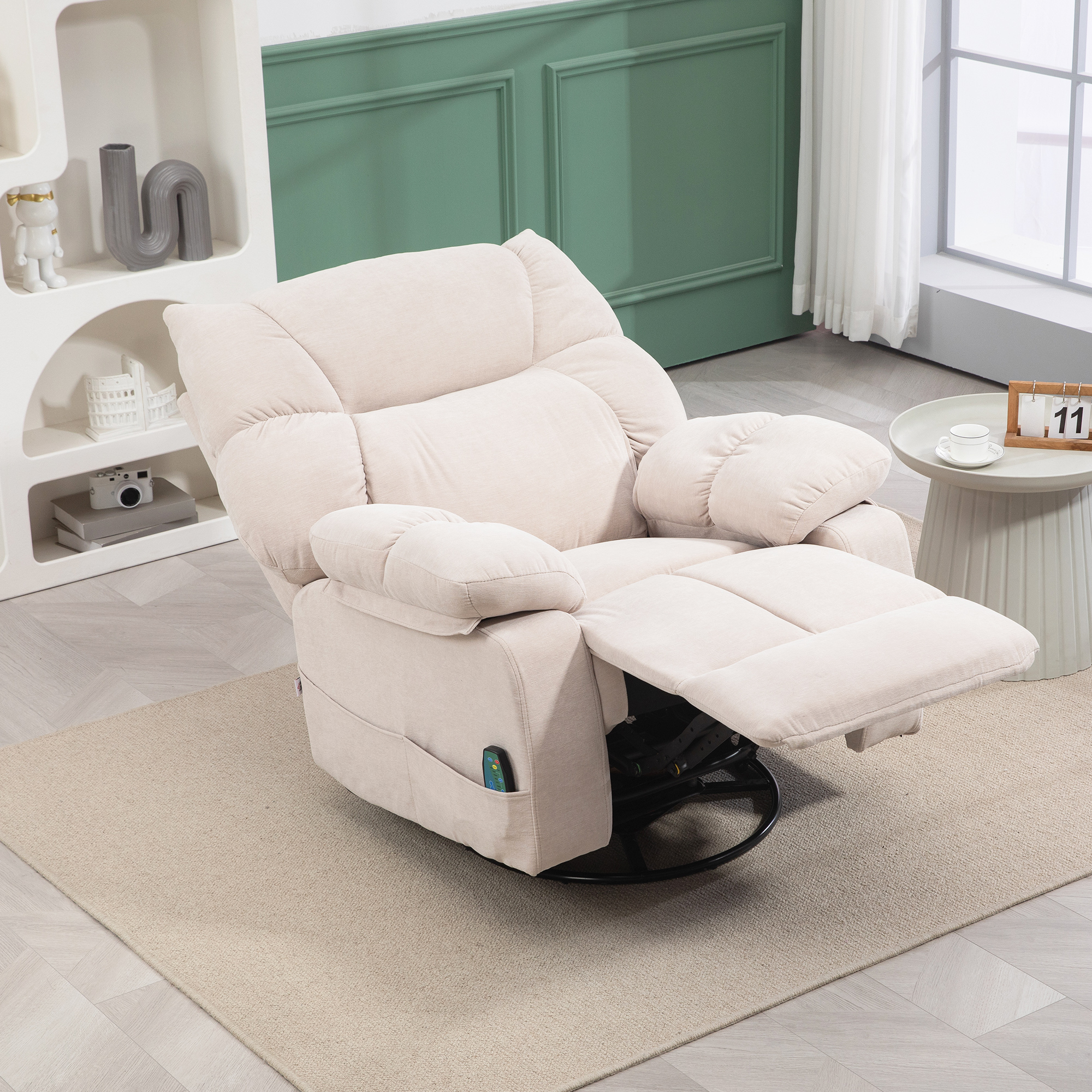 Massagestoel met Verwarmings- & Ligfunctie, Draaibaar, tot 150 kg, Metaal Frame, 98x90x98cm, Beige