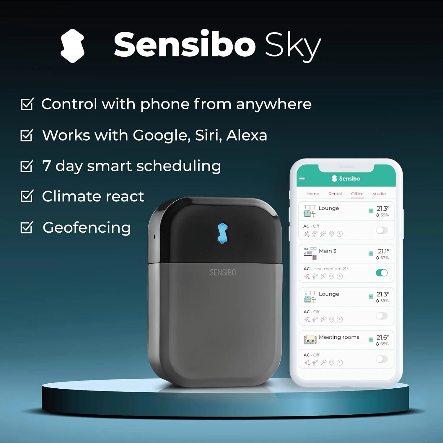 Sensibo Sky, draadloze bediening voor airconditioners. Snelle & eenvoudige doe-het-zelfinstallatie. Comfort dankzij energiezuinige thermostaat-app. Compatibel met Google, Alexa & Siri