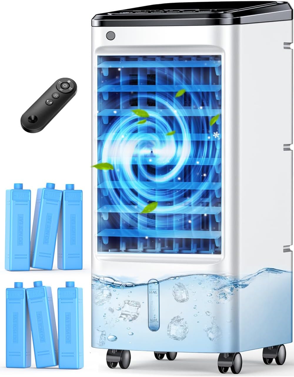 FANCOLE Tragbare Klimageräte ohne Fenster mit 6 Kühlakkus, 12H Smart Timer für Auto-Off, 7,8 m Fernbedienung, Top Fill Dual Tank, 3 Geschwindigkeiten Verdunstungsluftkühler, 70° Auto Swing Swamp