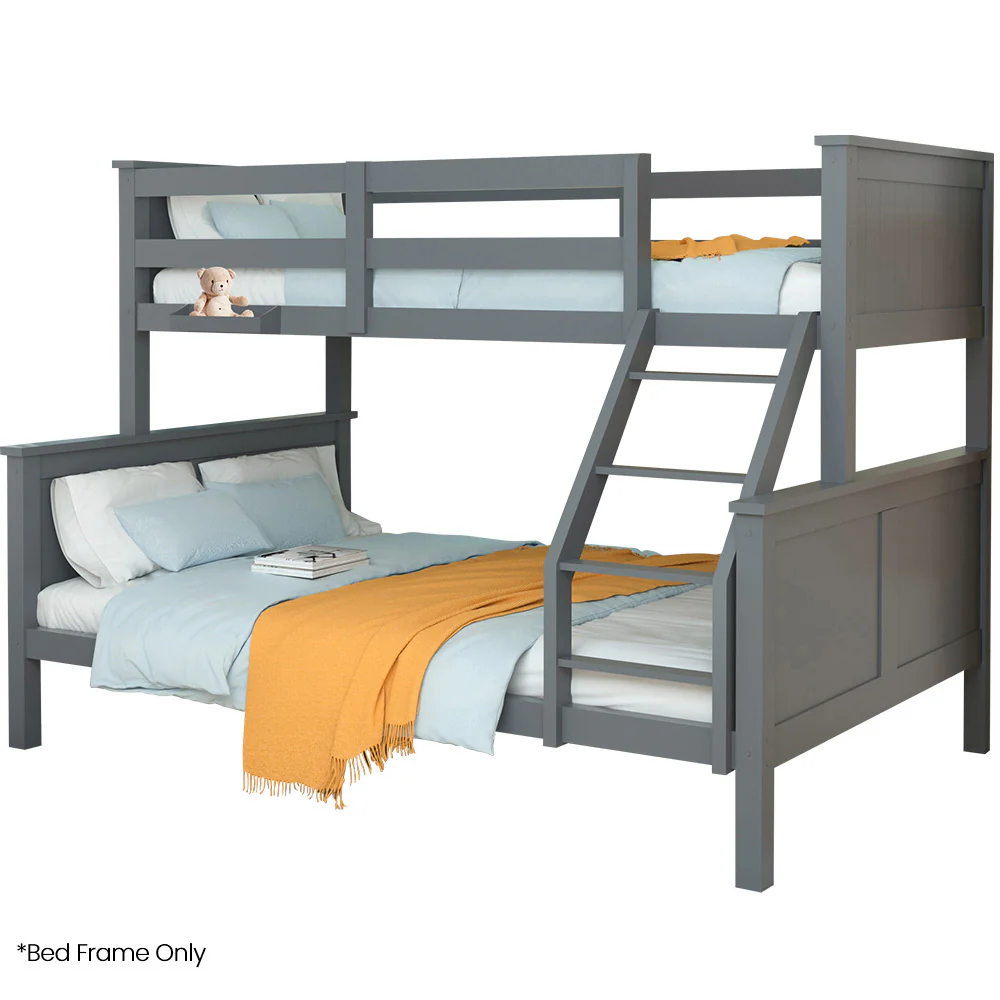 Kingston Slumber Triple Wooden Single Over Double Bunk Bed Frame for Kids, Convertible Design, Grey