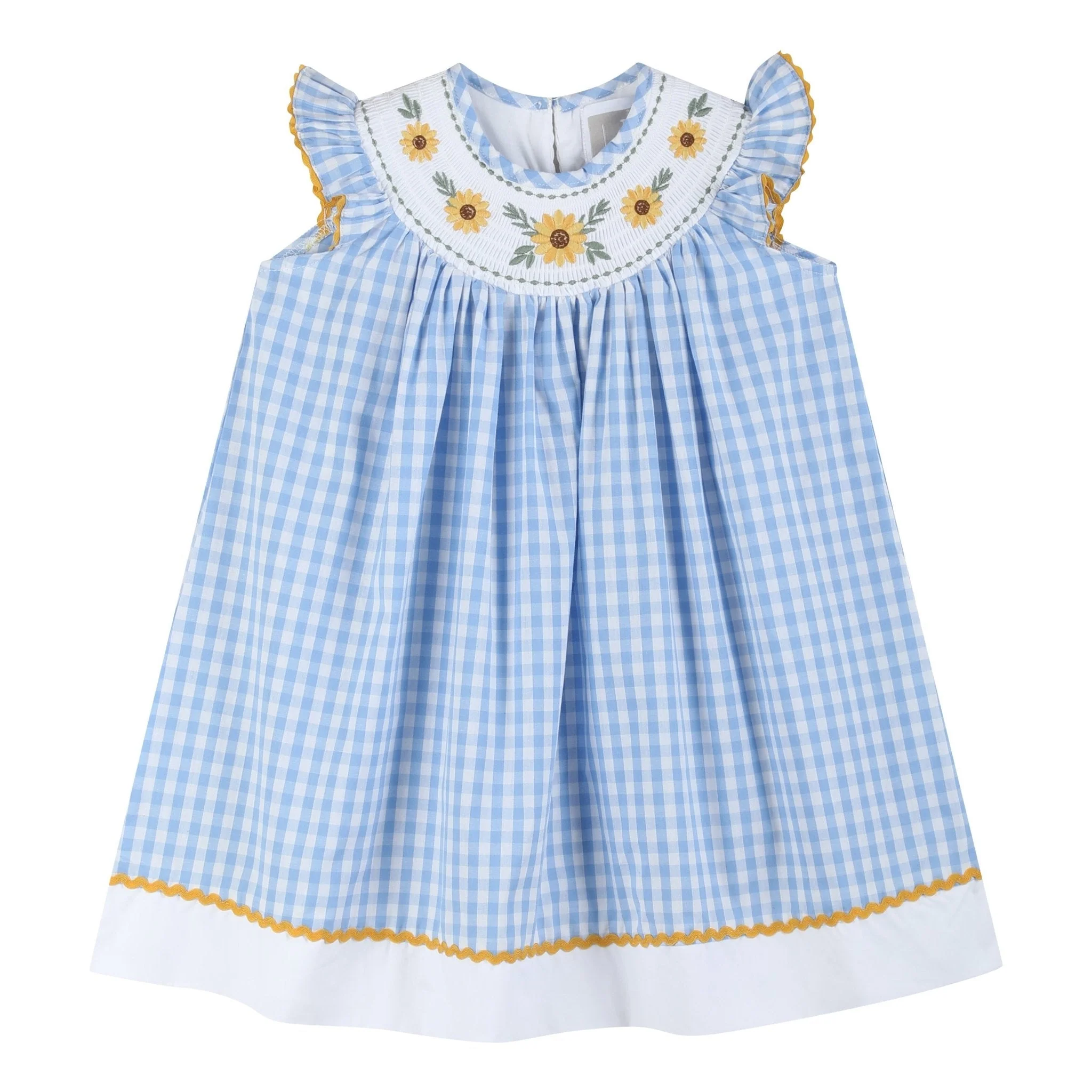 Blue Gingham Sunflower Smocked Bishop Dress