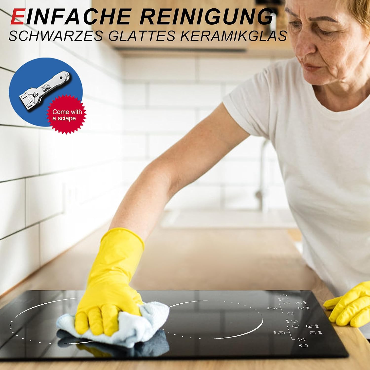 Glaskeramikkochfeld 4 Zonen Kochfelder Sensor-touch Control Kochfeld Autark 60cm, 6000W, 9 Leistungsstufe, verkabelt, kein Stecker