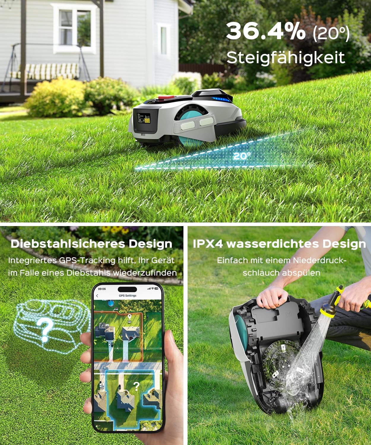 YARDCARE N1600Pro Mähroboter ohne Begrenzungskabel mit RTK- & KI-Vision-Navigation für Gärten bis 1600 m², U-förmiges Mähmuster & Multizonen-Management Hindernisvermeidung, App-Höhenverstellung