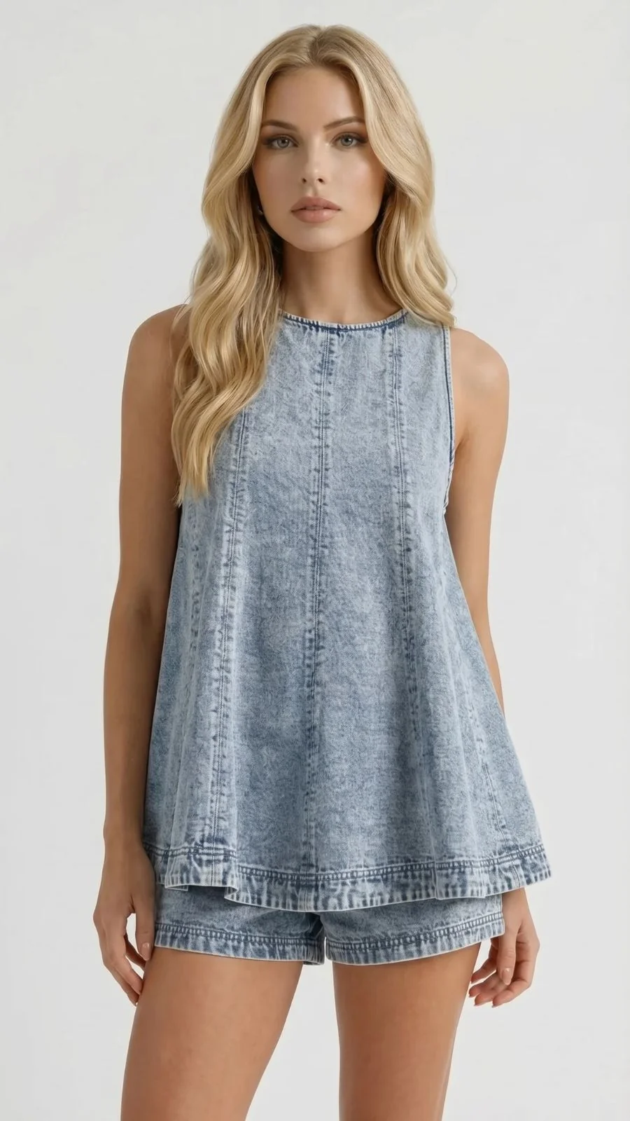 Damen Denim Set Zweiteiler Jeans mit ?rmellosem Oberteil und High Waist Shorts mit Fransen-Saum f��r Freizeit und Alltag