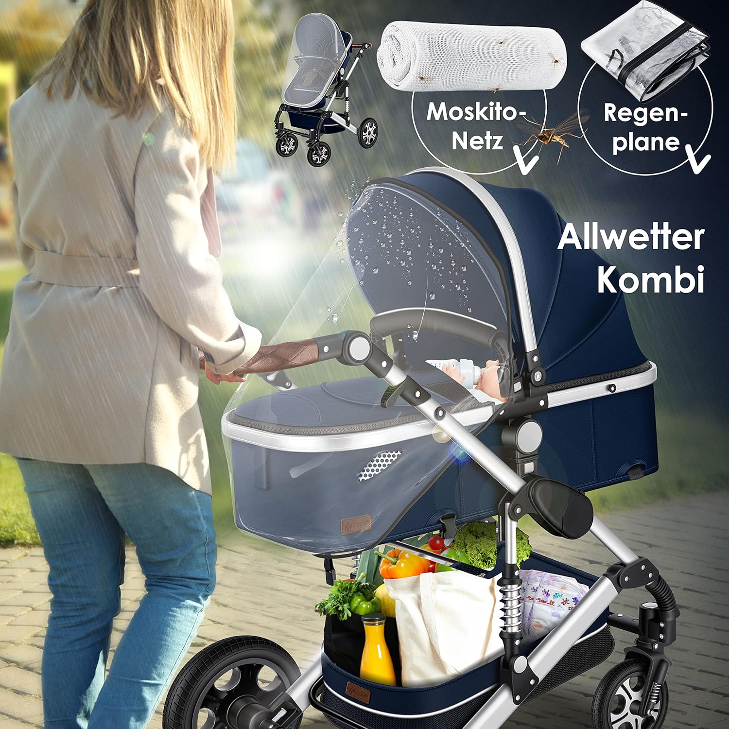 KESSER® Loops 3 in 1 Kinderwagen Kombikinderwagen Komplett-Set inkl. Babywanne & Buggy Sportsitz & Auto-Babyschale Voll-Gummireifen Wickeltasche Regenschutz Kindertisch ECE R129, Schwarz/Champagne