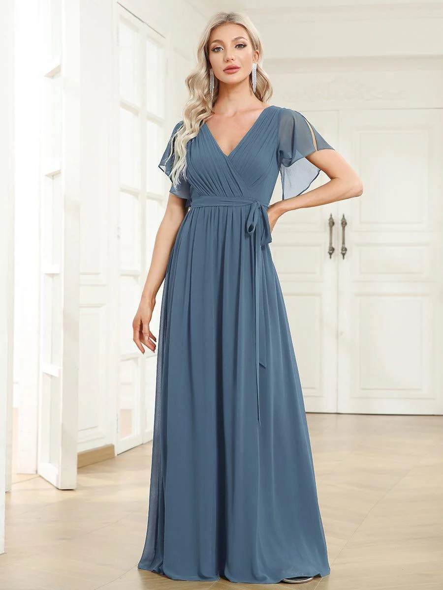 Abendkleid Damen Maxi A-Linie aus Chiffon | Festliches Kleid f��r Hochzeitsg?ste mit V-Ausschnitt und Fl��gel?rmeln