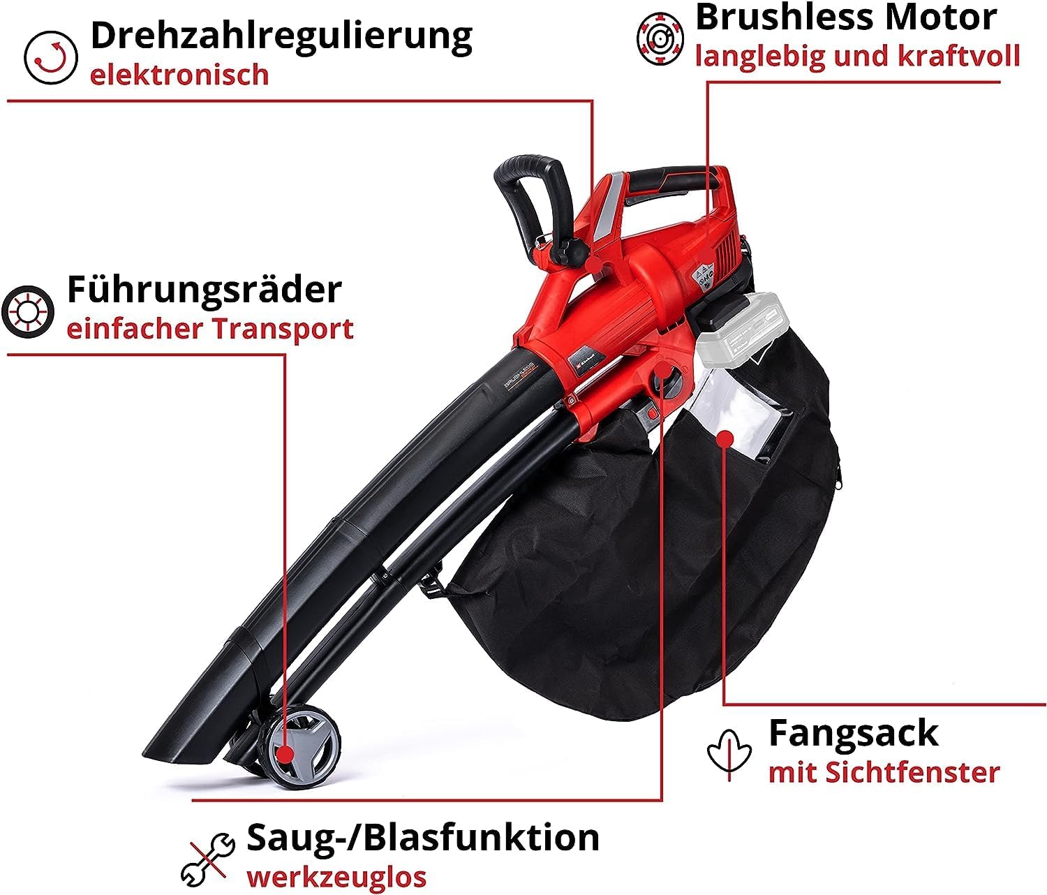 Einhell Akku-Laubsauger Laubblser GE-CL 36 Li E-Solo Power X-Change (Lithium-Ionen, 2 x 18 V, 210 km/h Luftgeschwindigkeit, bürstenloser Motor, 45 l-Fangsack, Tragegurt, ohne und Ladegert)