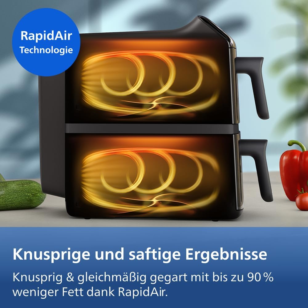 Airfryer 4000 Series Stacked Dual Basket, Gestapelte Heißluftfritteuse mit 2 Körben, 10L, RapidAir Technologie, 45% weniger Platzbedarf, PFAS-freie Keramikbeschichtung, Sichtfenster (NA460/00)