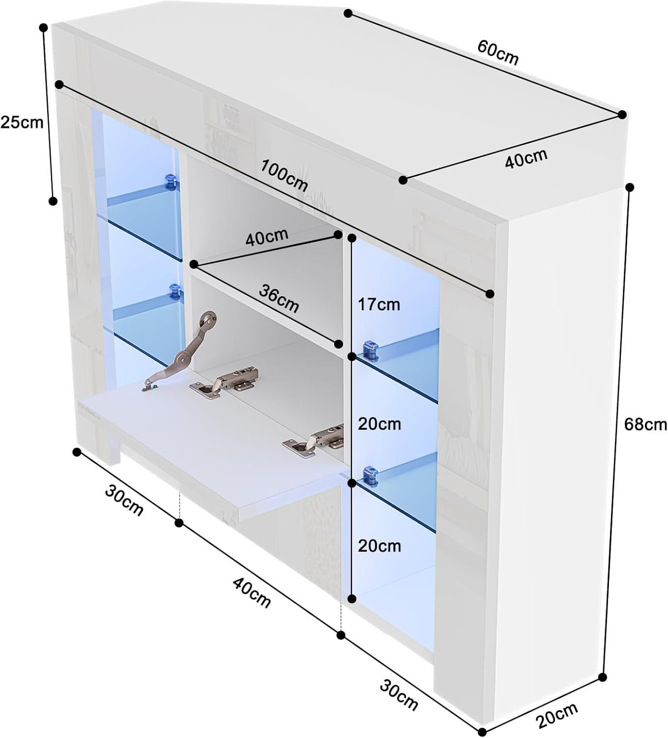 Dripex TV Lowboard Eckschrank mit LED Beleuchtung Weiß Hochglanz Fernsehschrank Eckkommode Fernsehtisch TV Schrank 100x68x40 cm (Weiß)