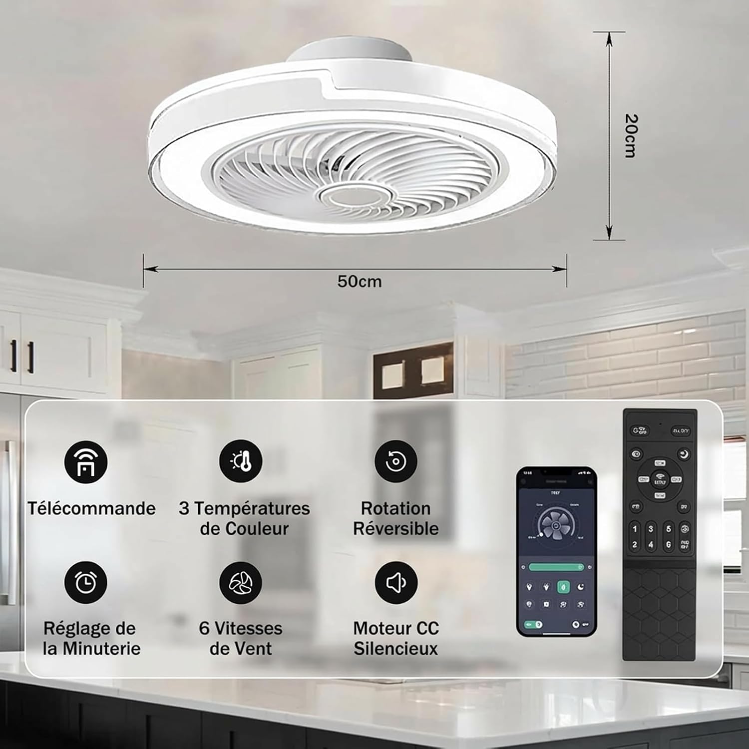 50cm Moderne Ventilateur Plafond Silencieux avec Lumiere, Dimmable LED Plafonnier Ventilateur Lampe avec Telecommande,6 Vitesse du vent,3 Température(3000K-6500K), pour Chambre,Salon,Cuisine,Minuterie