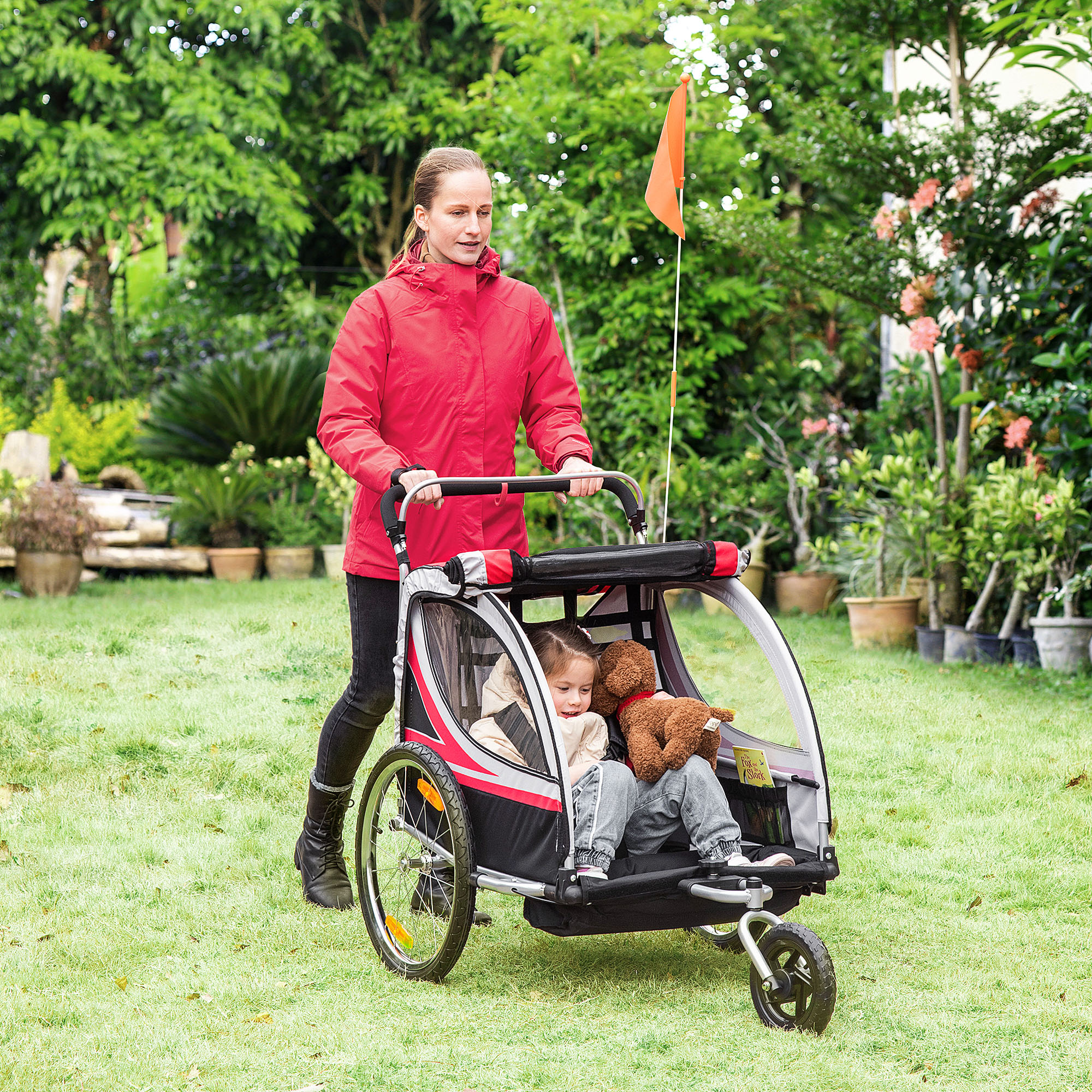 2 in 1 kinderfietskar, kinderkar met vering, rood + zwart
