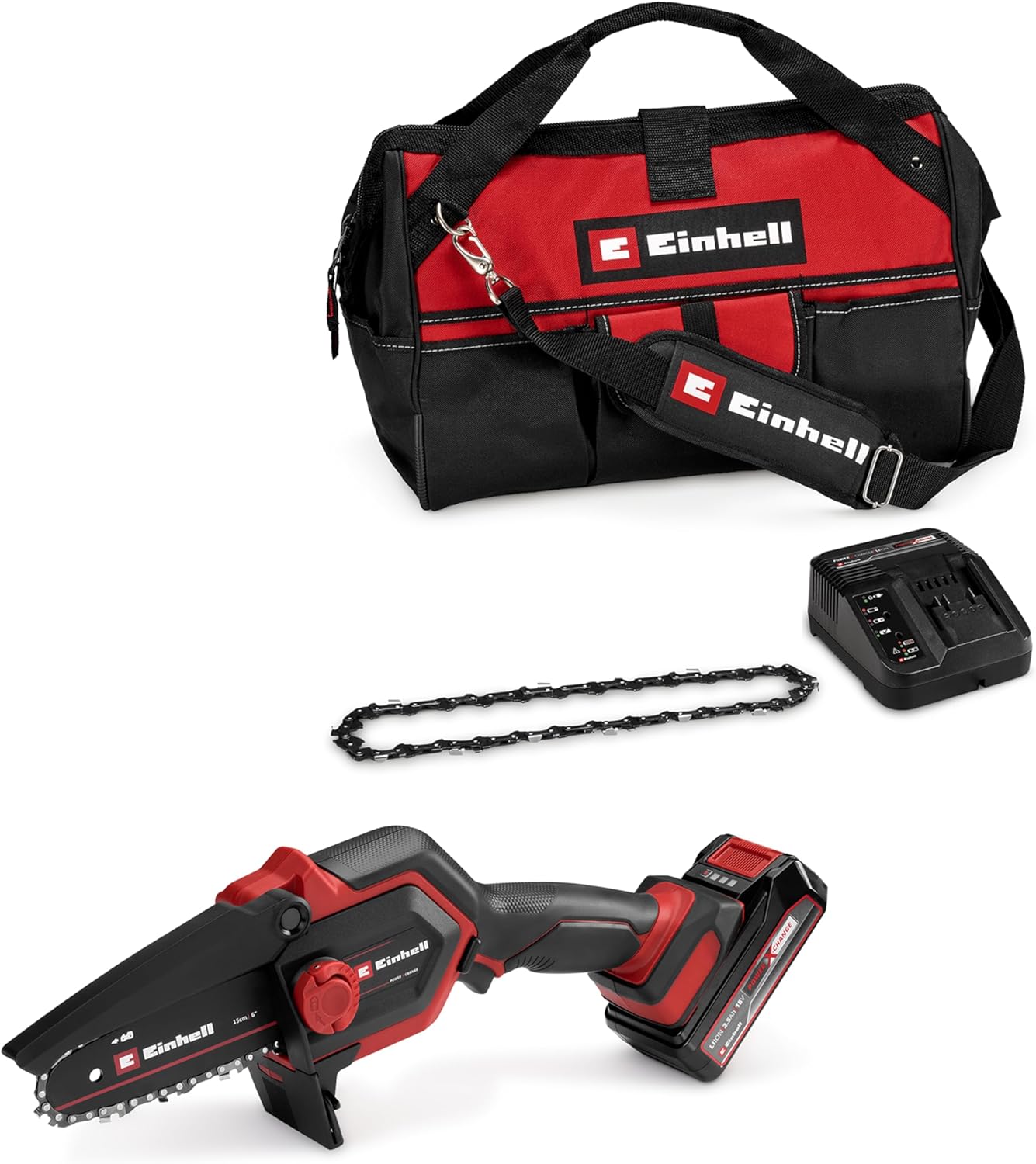 Einhell Akku-Astkettensäge GE-PS 18/15 Li Bag Kit Power X-Change (18 V, Brushless, 12,5 cm Schnittlänge, inkl. 2,5 Ah Akku, Ladegerät, Ersatzkette, Einhell Bag 45/29)