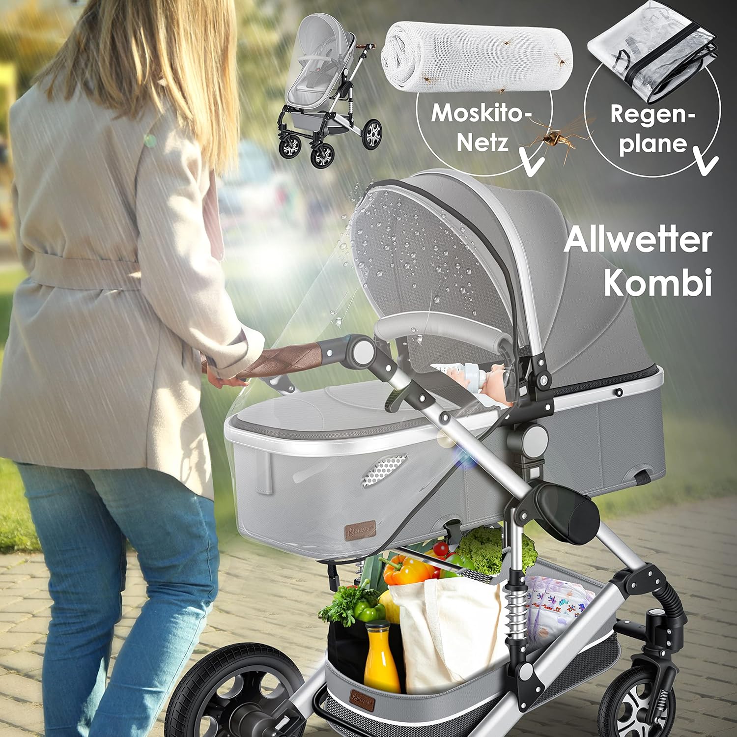 KESSER® Loops 3 in 1 Kinderwagen Kombikinderwagen Komplett-Set inkl. Babywanne & Buggy Sportsitz & Auto-Babyschale Voll-Gummireifen Wickeltasche Regenschutz Kindertisch ECE R129, Schwarz/Champagne
