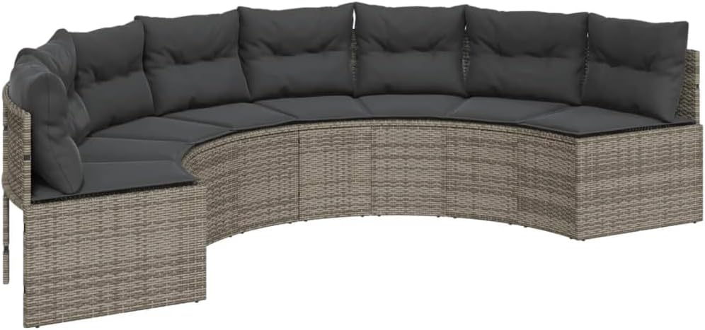 Gartensofa Halbrund Grau Poly Rattan mit Kissen Set für Garten Terrasse Poolbereich, Bequemes Outdoor Sofa aus PE Rattan mit Abnehmbaren Bezügen und Stabilem Stahlrahmen,