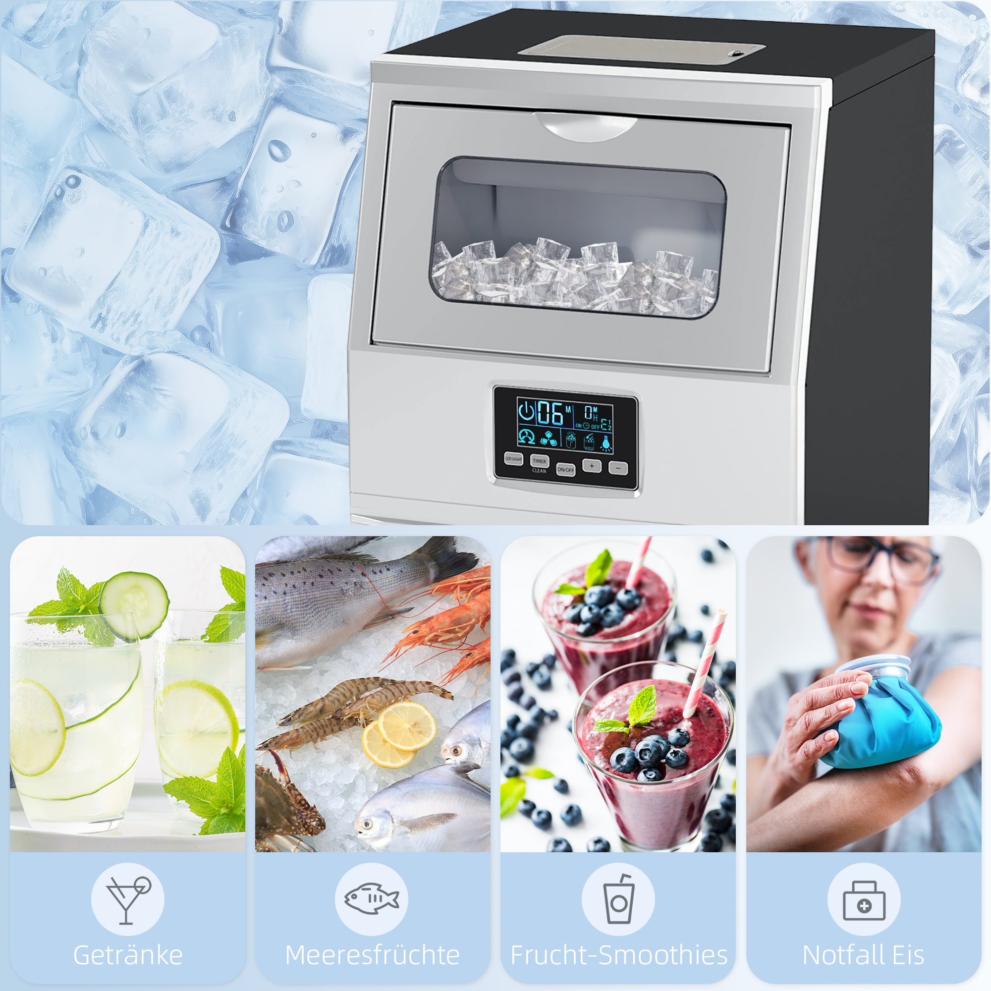 Commerci?le IJsblokjesmachine, LED-Verlichting, Makkelijk Afleesbare Displays, inclusief Schep, Zilver