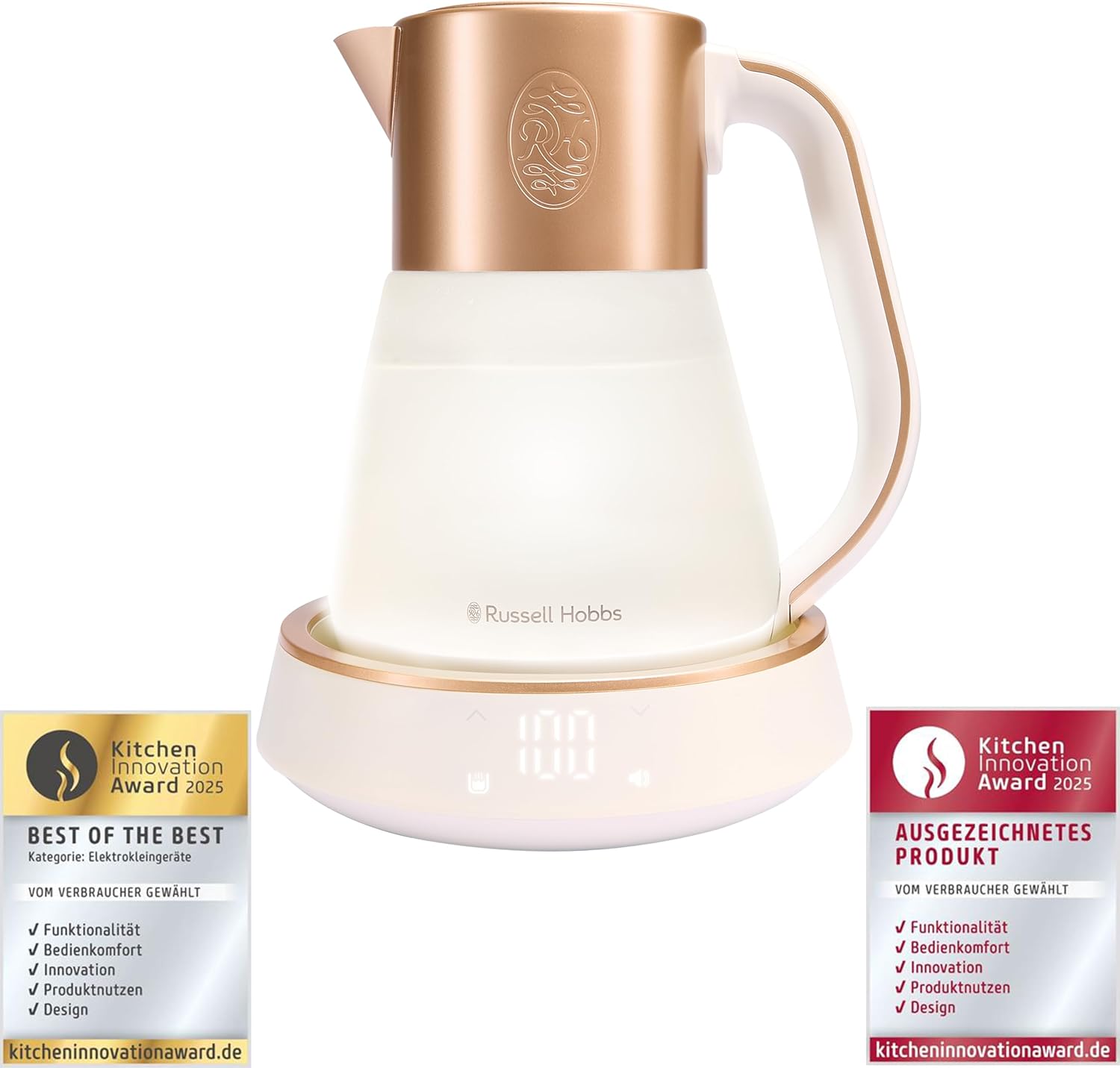Russell Hobbs Wasserkocher Glas [1,7L, Temperatureinstellung 40-100°] Calm (LED-Beleuchtung, beruhigende Klänge, Leise-Koch-Technologie,Warmhaltefunktion,Digitaldisplay,Touch-Bedienung,2400W) 27450-70