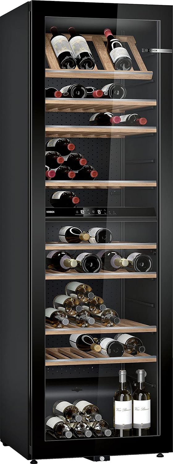 Bosch KWK36ABGA Serie 6 Weinkühlschrank, 186 x 60 cm, 199 Flaschen, Temperatur: 5-20 °C, zwei Temperaturzonen, 405 L, LED-Beleuchtung gleichmäßige Ausleuchtung, ausschaltbares Präsenterlicht