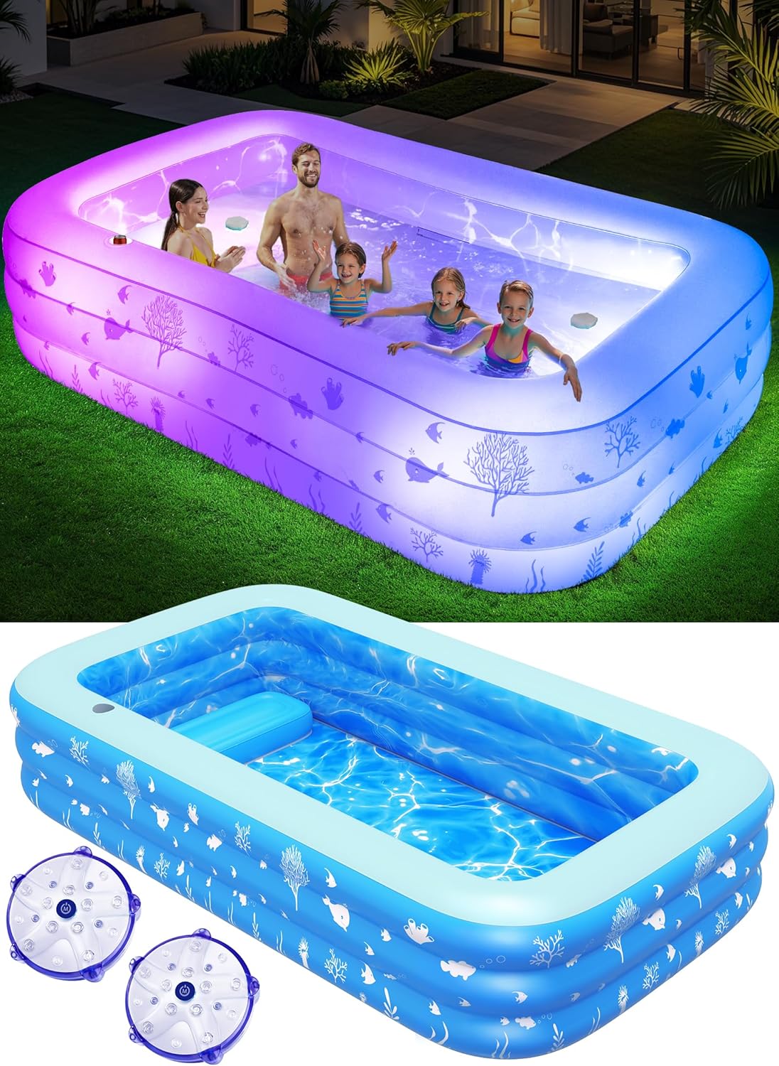 Inflatable Pool with Seat and Pool Lights Durable Thickened Large Size Family Inflatable Pools