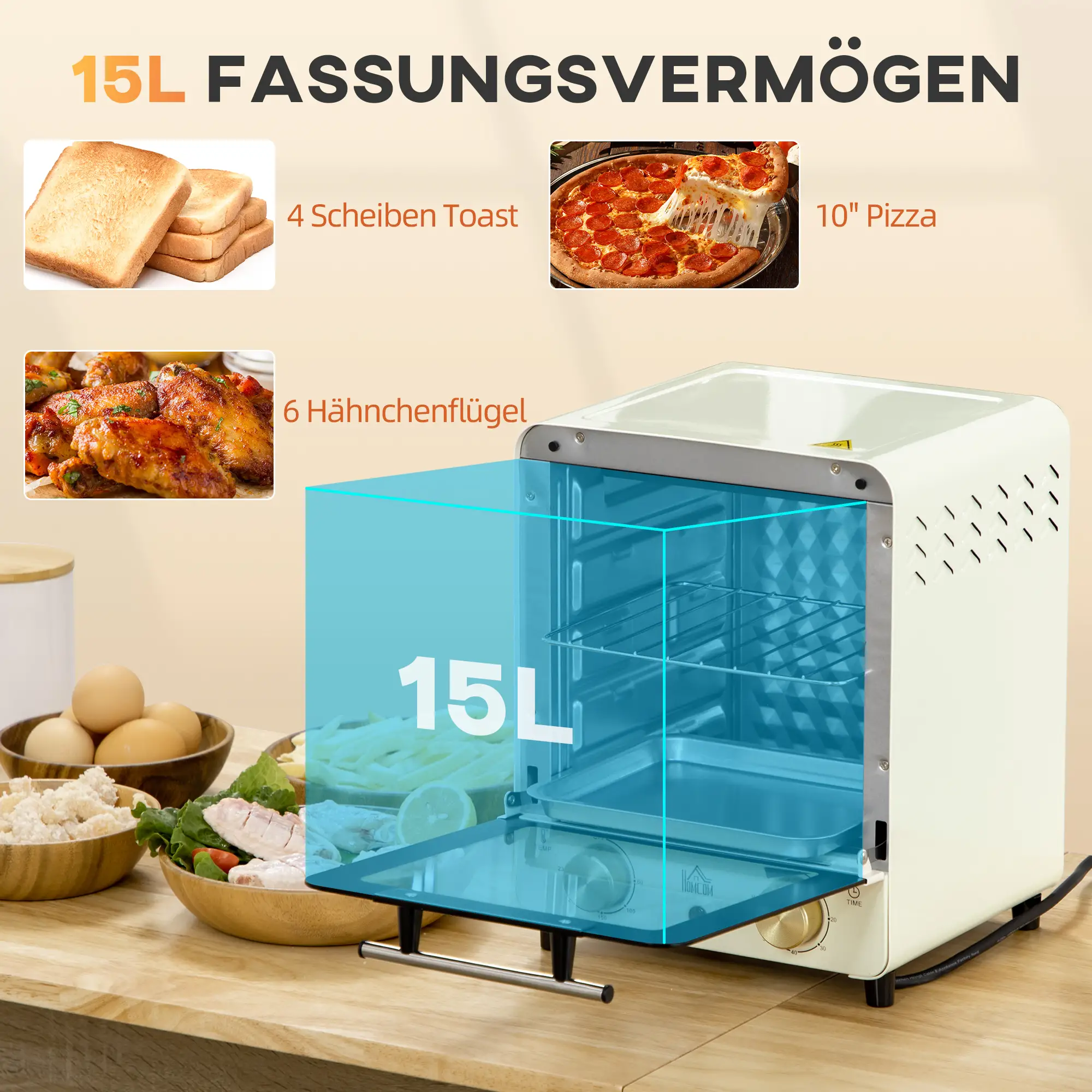HOMCOM Mini-oven instelbare temperatuur timer kijkvenster cr��mewit