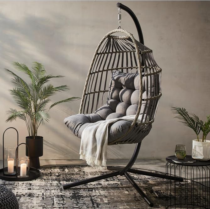 Hängesessel mit Gestell für Wohnzimmer,Garten und Balkon Geräumiger Hängekorb XXXL Größen:126HX84WX64D cm-Keine Raumunterdrückung Gefühl Premium Qualität Nylon/Polyrattan gewebt Inkl.Grau Kissen
