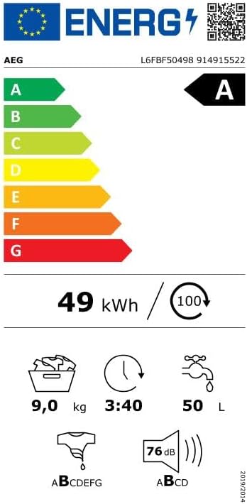 AEG Waschmaschine L6FBF50498 9KG,1400U,Aquastop,Dampf, Serie 6000 mit ProSense-Technologie, Schontrommel Energieeffizienzklasse A