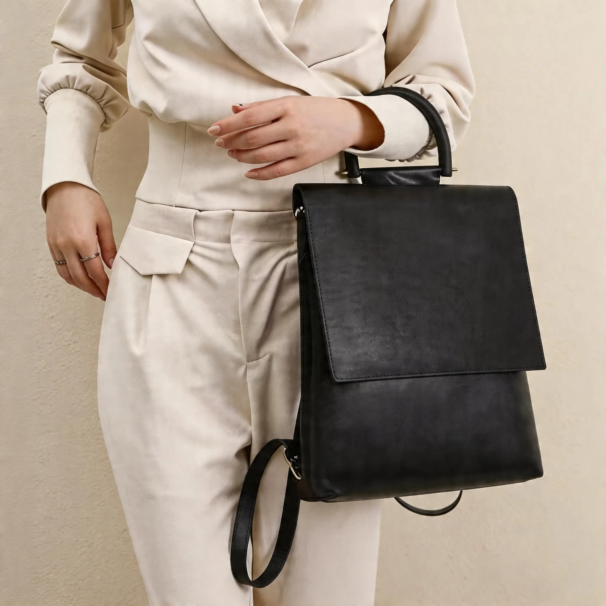 Minimalist Black Leather Laptop Backpack School Bag