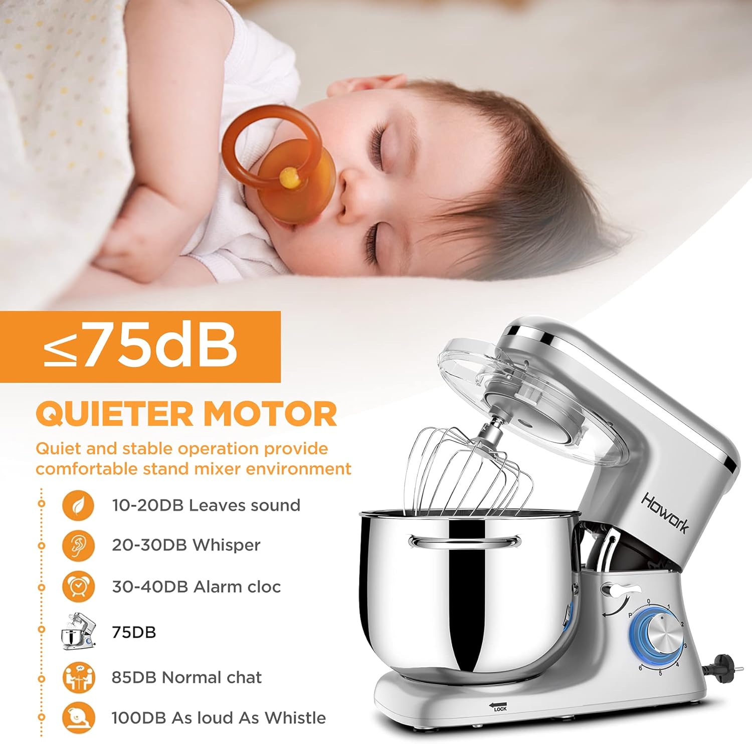 Howork Küchenmaschine Knetmaschine, 1500W leistungsstark 8L Tilt-Head Gerusche Knetmaschine, 6-stufige Geschwindigkeit Teigmaschine mit Rührbesen, Knethaken, Spritzschutz, Schlger (8L, schwarz)…
