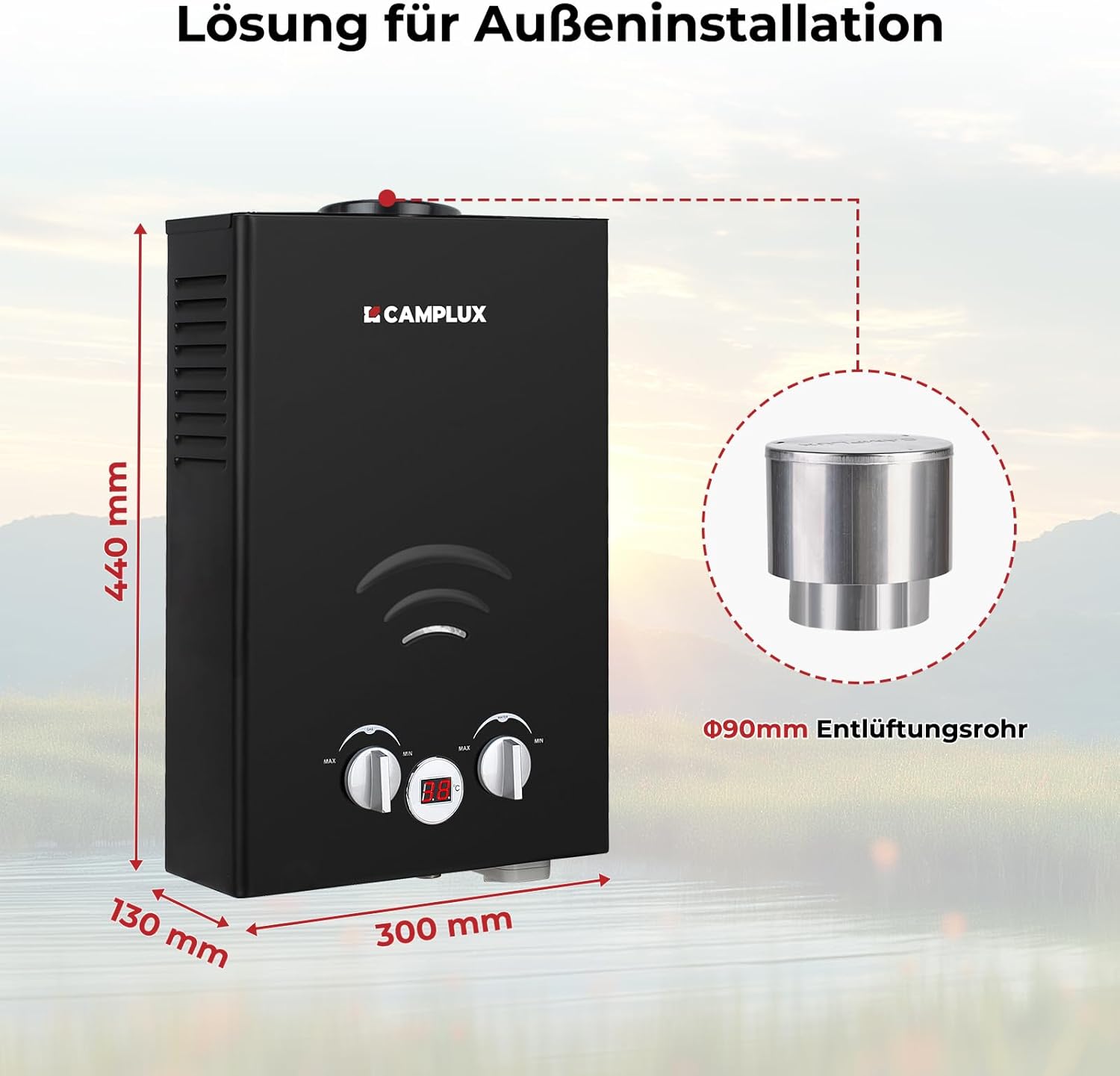CAMPLUX BW158BC-DE Tankless Gasdurchlauferhitzer mit Regenhaube, Tragbar LPG Durchlauferhitzer, 6 Liter, 12kW, 50mbar, Campingdusche