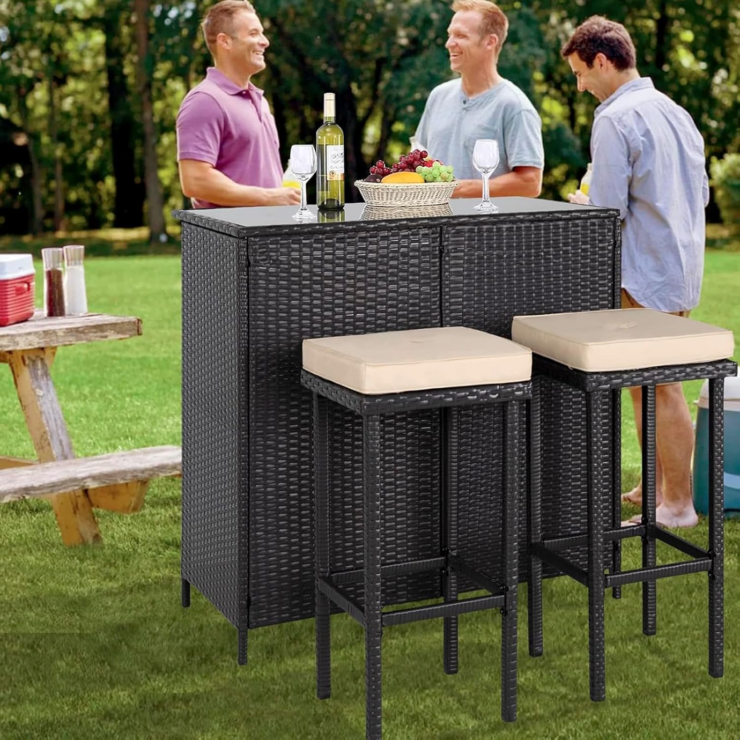 Polyrattan Gartenbar Set Gartenmöbel Sitzgruppe Rattan Bar Tresen Theke Tisch Barset Bartisch Stehtisch Gartentheke Barhocker Bar-Stuhl Sitzgruppe (Braun&Khaki)