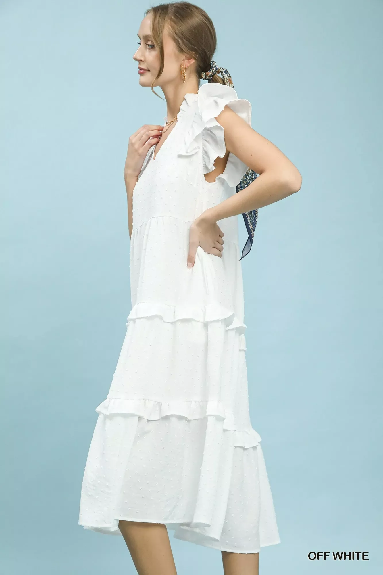 Umgee Textured Ruffle Sleeve Tiered Midi Dress