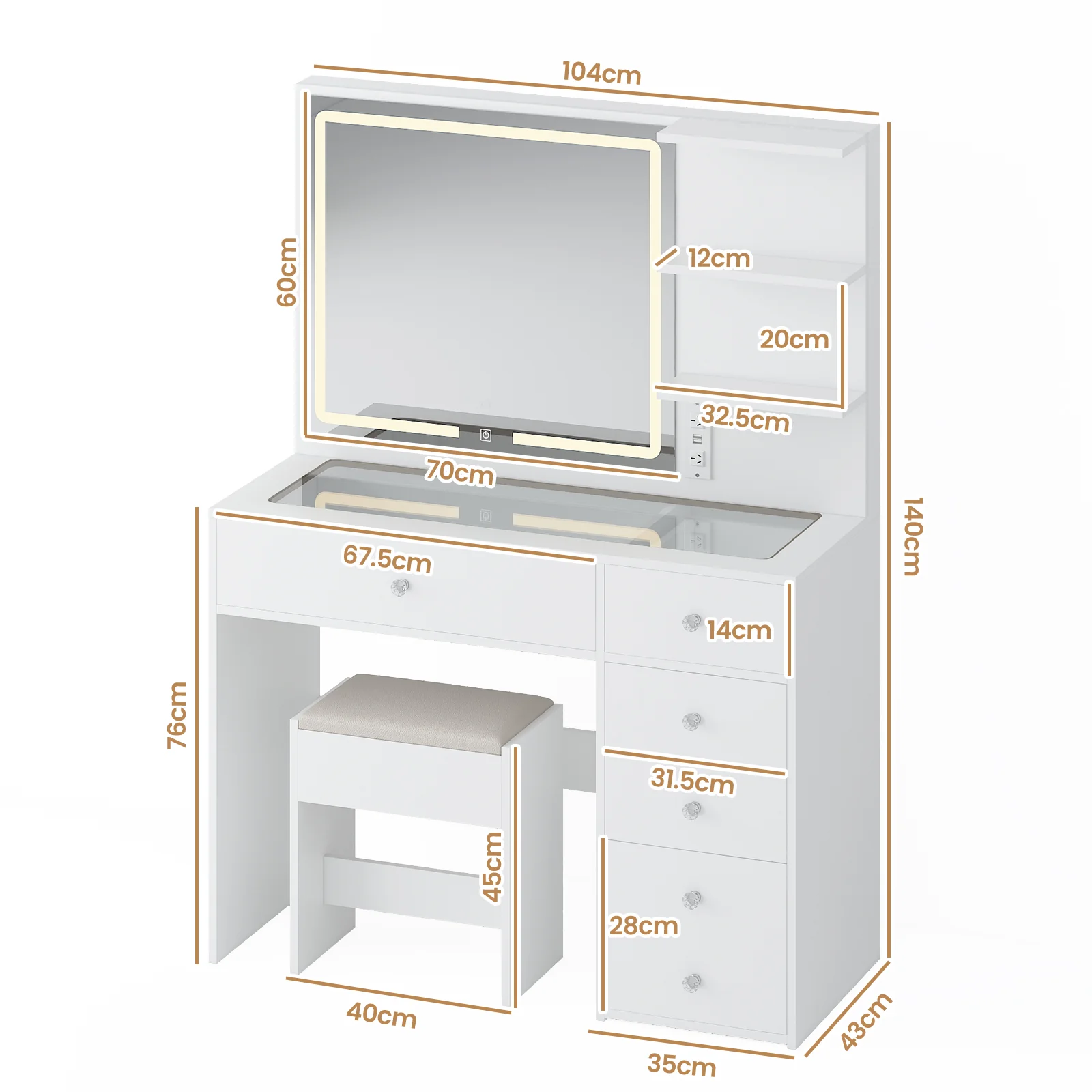 Dressing Table Stool Set Glass Tabletop